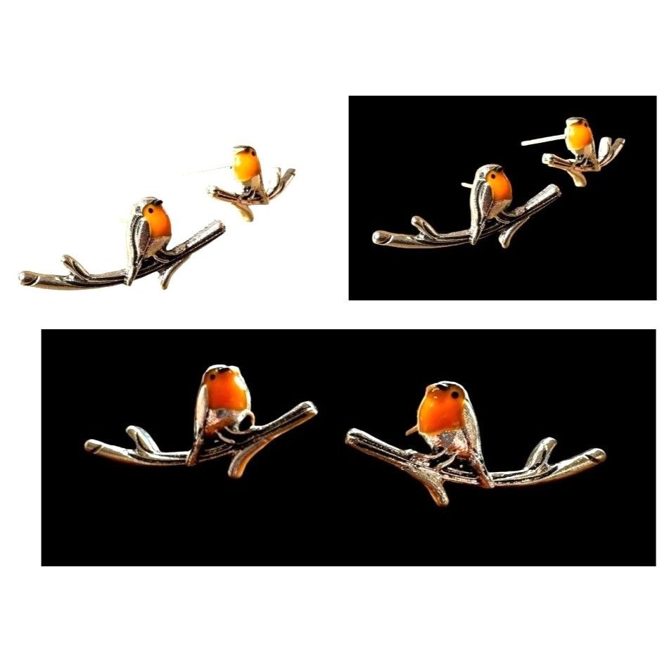 Handmade Robin Bird Earrings Ear Climbers New Orange Silver Tree Bran Size ONE SIZE - 10 Thumbnail