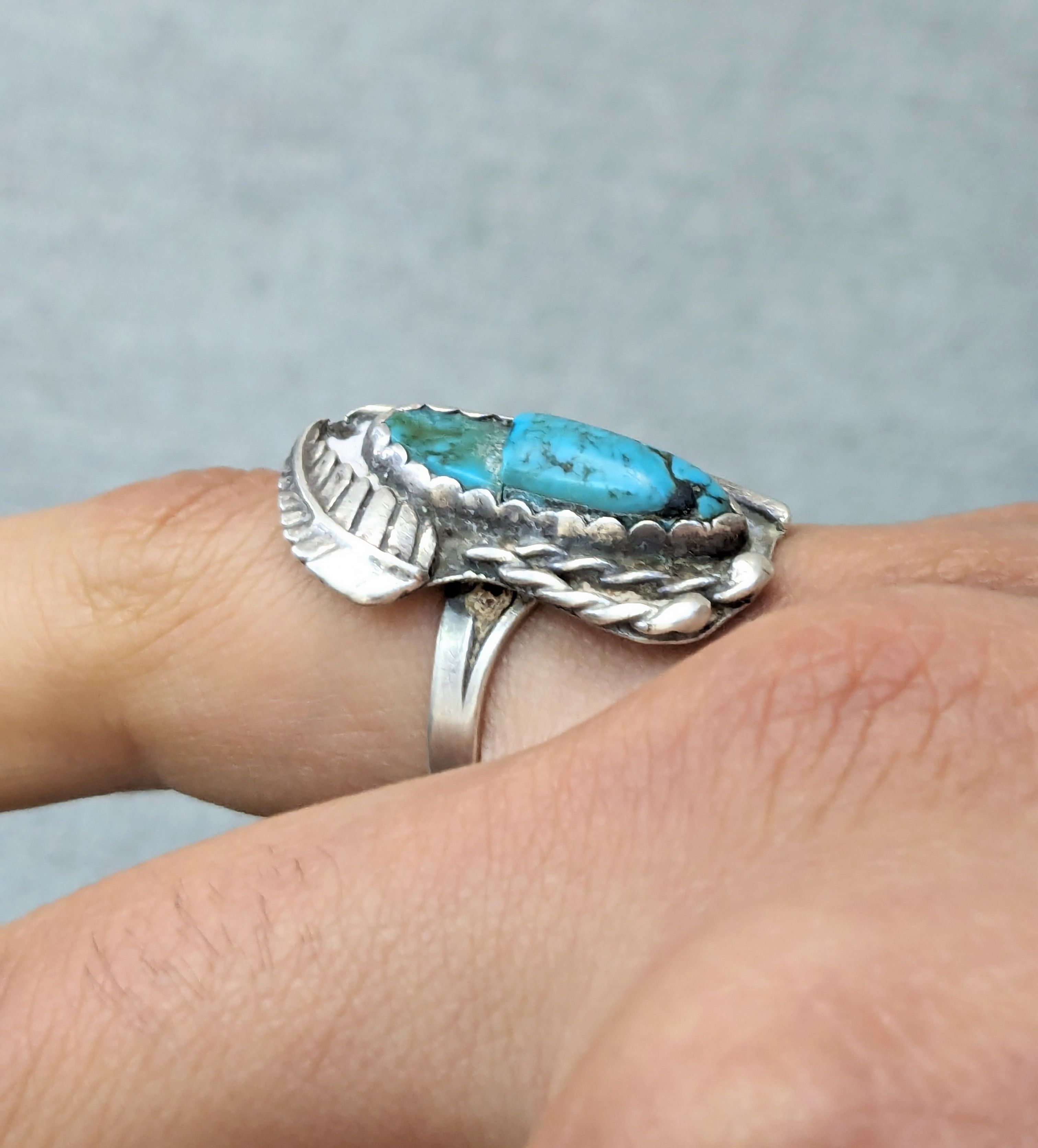 Jewelry Vintage Sterling Silver Ring 8 Turquoise Leaf Modern Size ONE SIZE - 12 Thumbnail