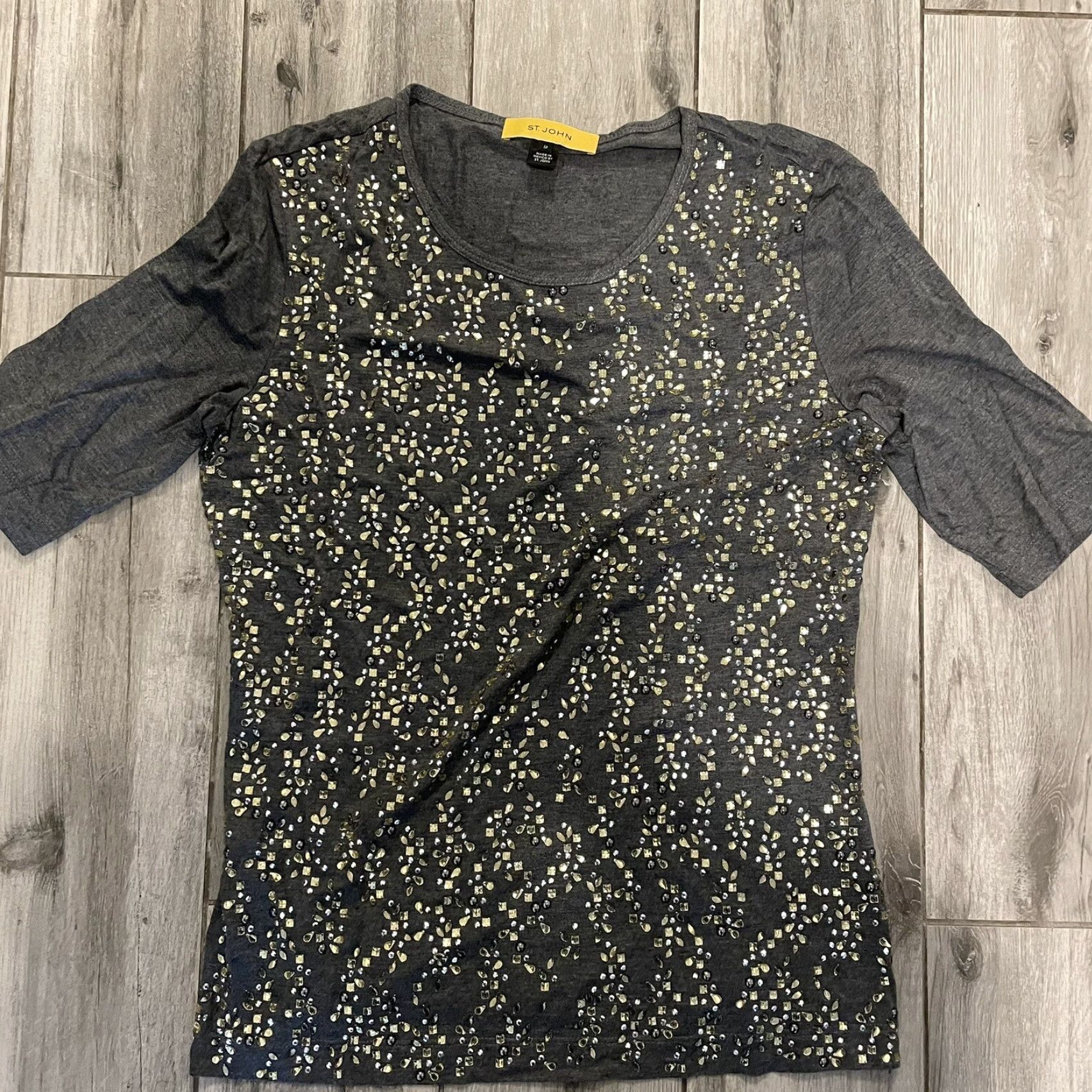 St. John St. John VTG Yellow Label Embellished Top Tee Shirt M Rhinestones Gray Short Sleeve Women Shirt Size M / US 6-8 / IT 42-44 - 2 Thumbnail