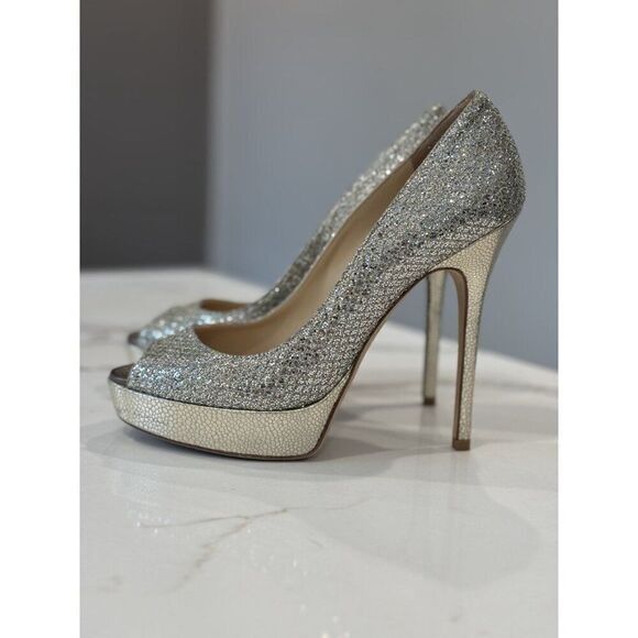 Jimmy Choo Jimmy Choo Luna Peep Toe Platform Pumps in Gold Glitter Size Size US 7.5 / IT 37.5 - 1 Thumbnail