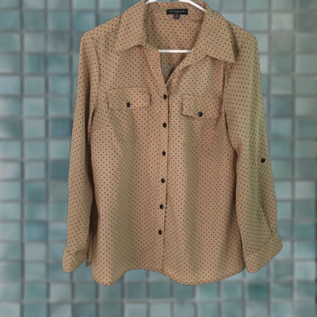 Vintage Notations Womens Blouse Casual Long Sleeves Beige Collared Button Size PM Size M / US 6-8 / IT 42-44 - 1 Thumbnail