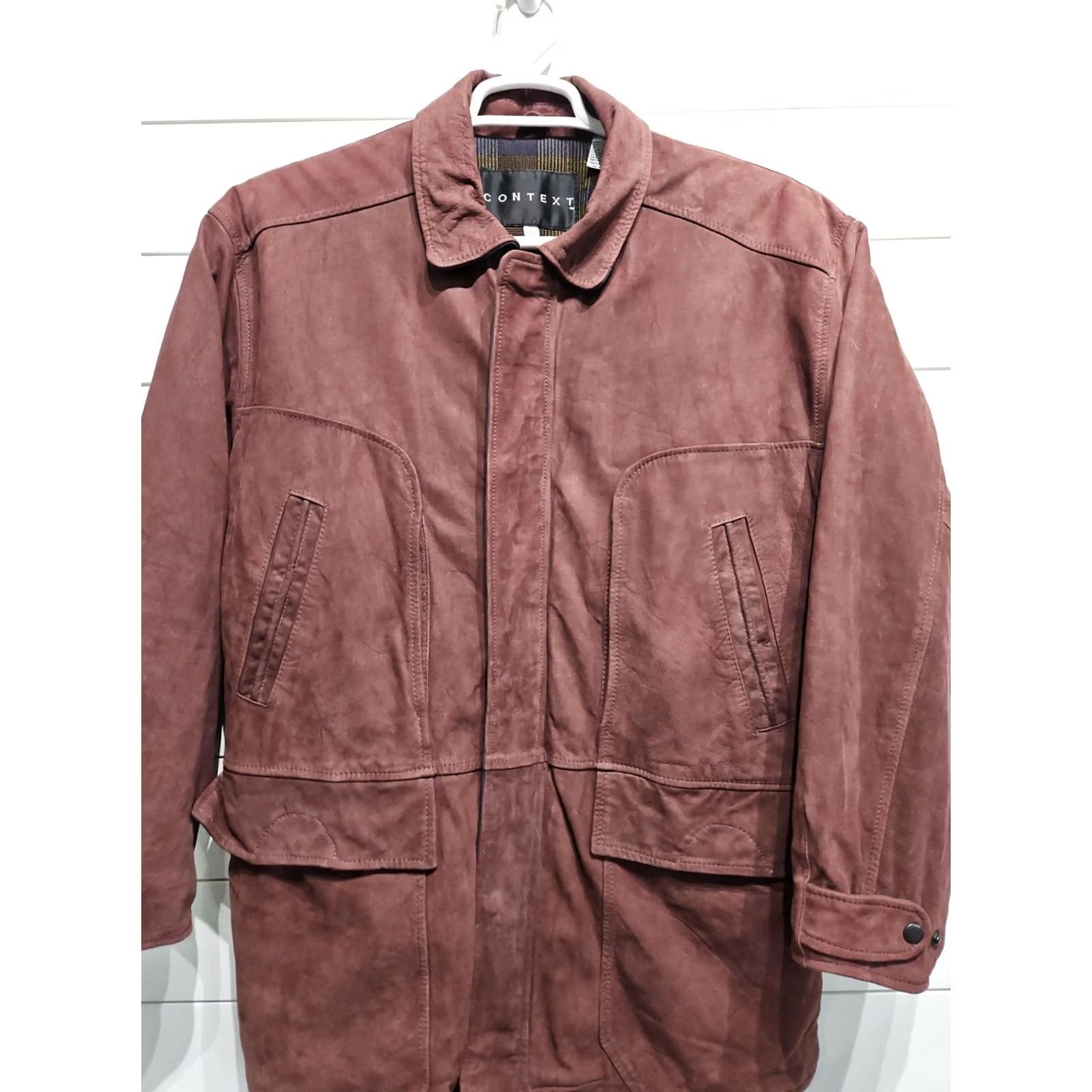 Vintage VINTAGE CONTEXT Leather Barn Coat Jacket Mens Long Overcoat Large Red/Purple - 33" Long, 22" Shoulder, 23" Pit to Pit Size US L / EU 52-54 / 3 - 2 Thumbnail