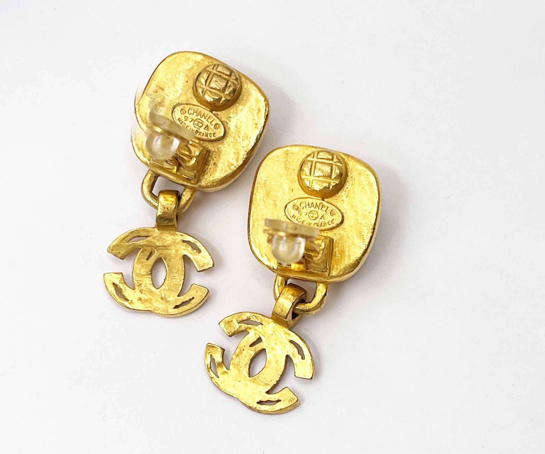 Chanel Gold Plated Square Silver Stone CC Clip on Earrings