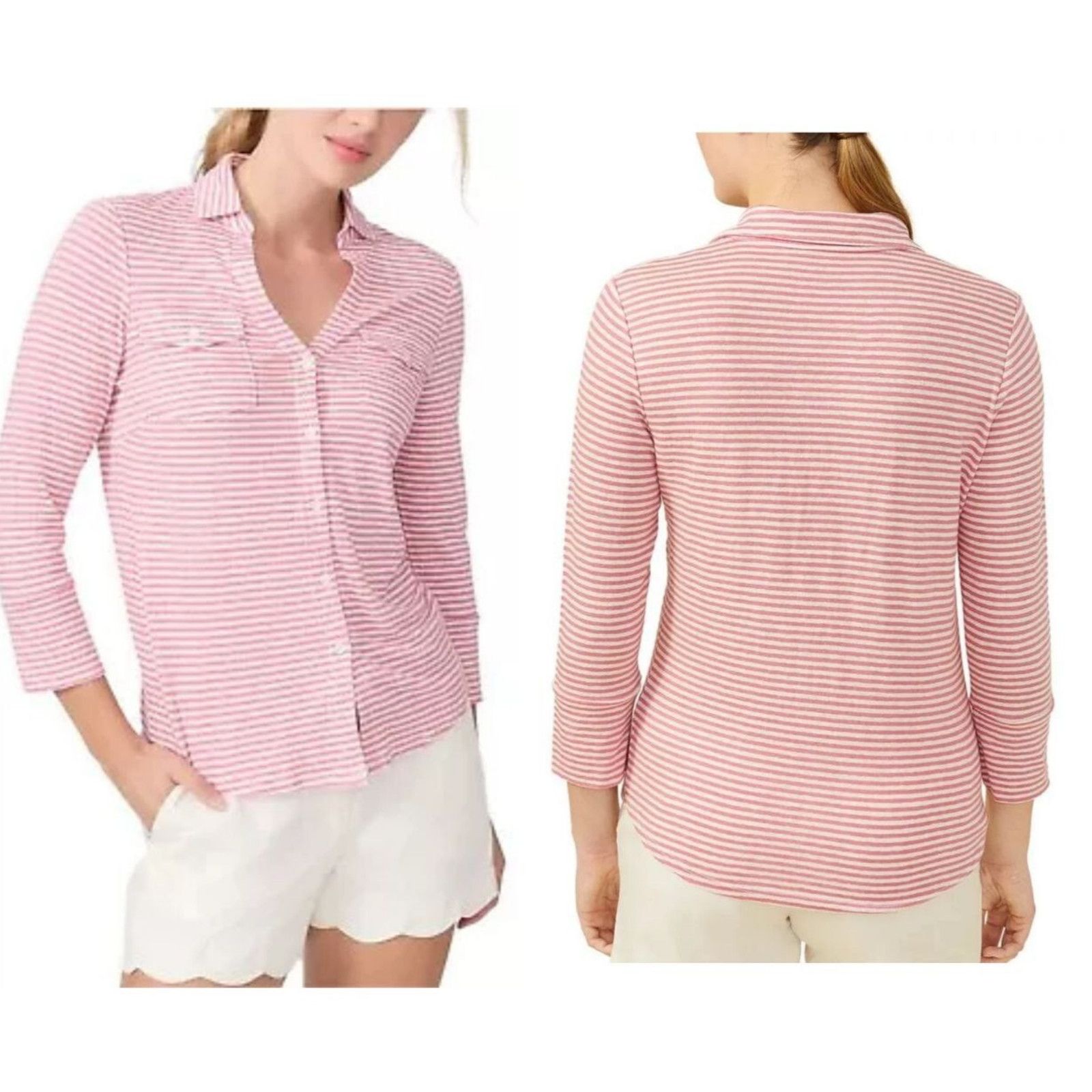 J. McLaughlin Casual White Stripped Linen Spandex L A000879