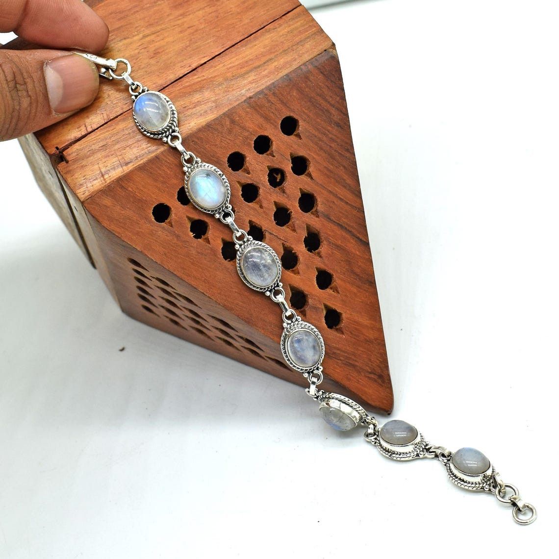Handmade Rainbow Moonstone Gemstone Bracelet, 925 Silver Bracelet Size ONE SIZE - 2 Thumbnail
