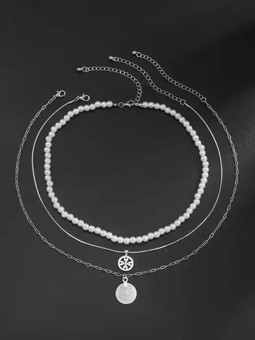 Jewelry Vintage Retro Punk Pearl Necklace 3pc Coin Charm Size ONE SIZE - 2 Thumbnail