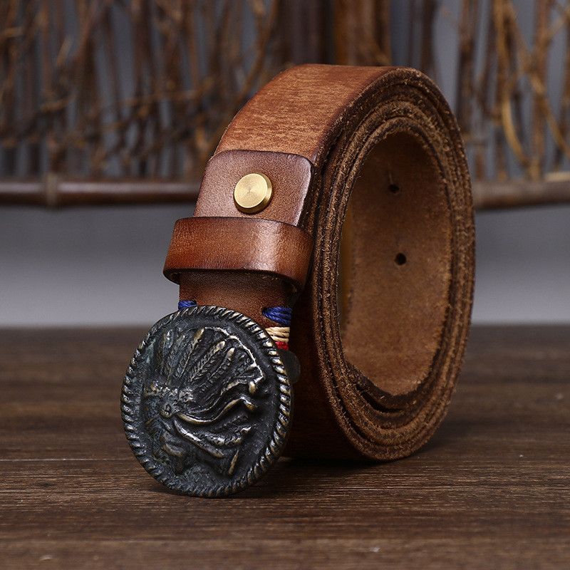 Leather Red Indian Brass Buckle Belt Size ONE SIZE - 7 Thumbnail