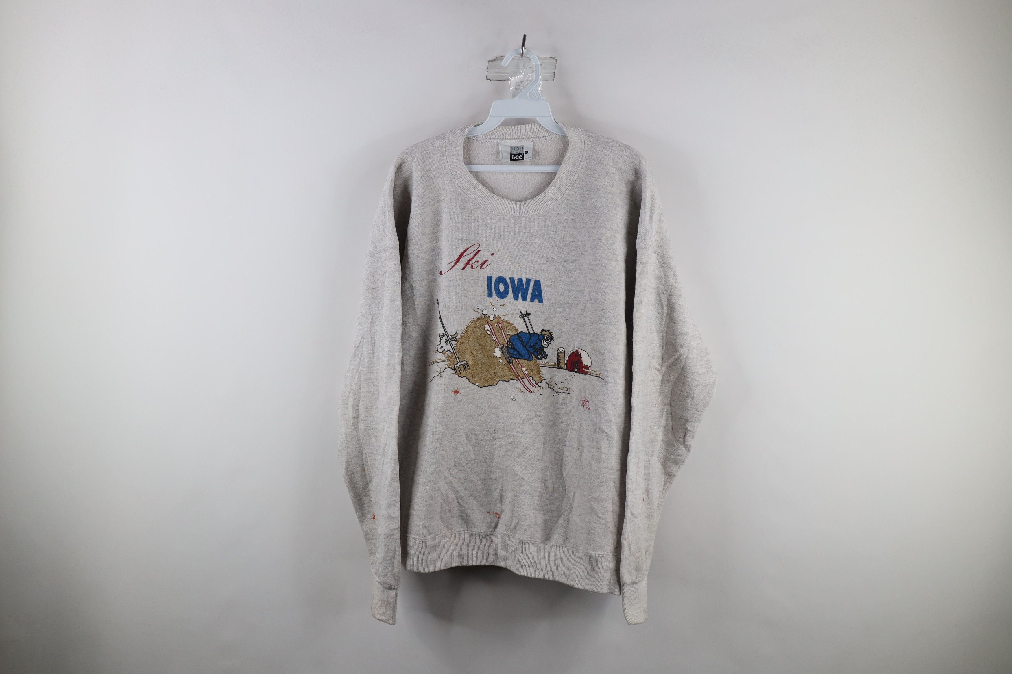 Vintage 90s Spell Out Ski Iowa Crewneck Sweatshirt Gray USA Tops