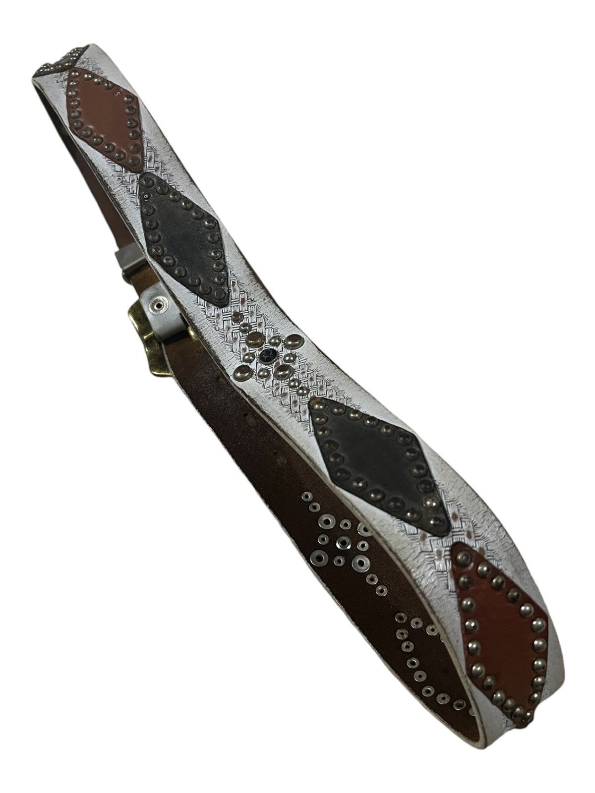 20471120 Vintage Genuine Leather Studded & Jeweled Brass Buckle Belt Size ONE SIZE - 3 Thumbnail