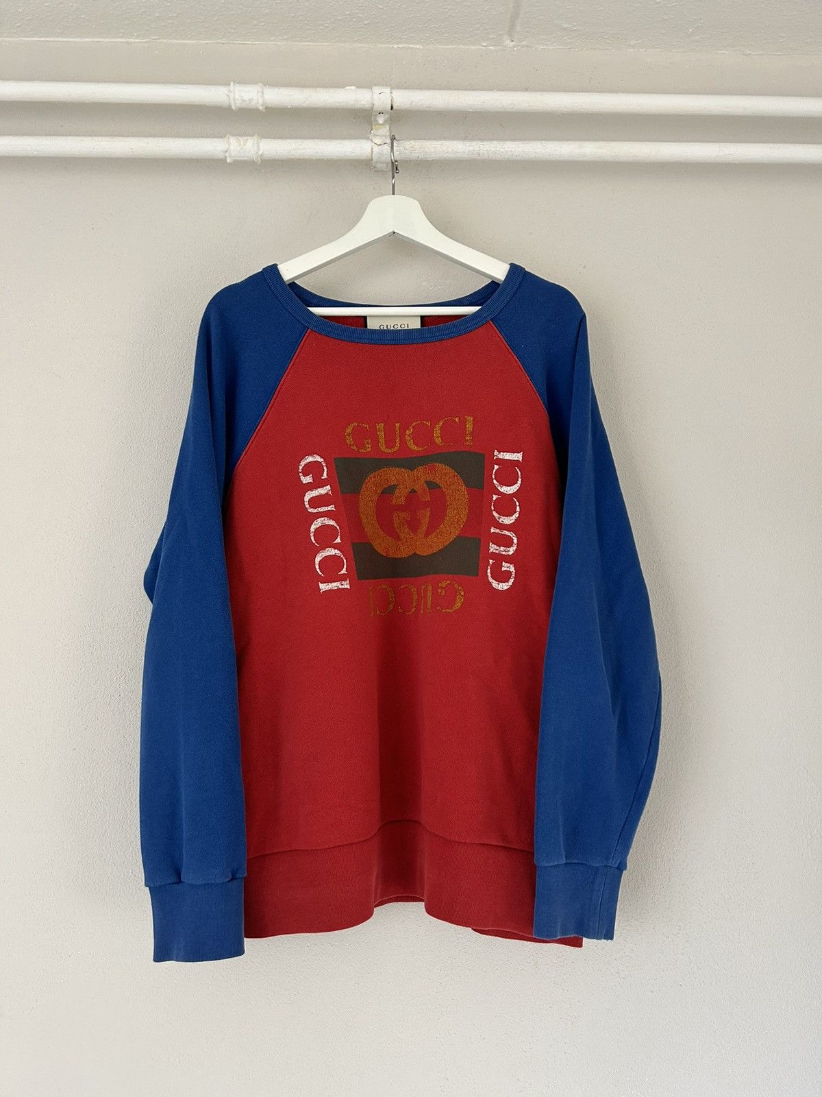 image of Gucci Colorblock Logo Print Jersey Sweatshirt in Blue Red, Men's (Size Small)