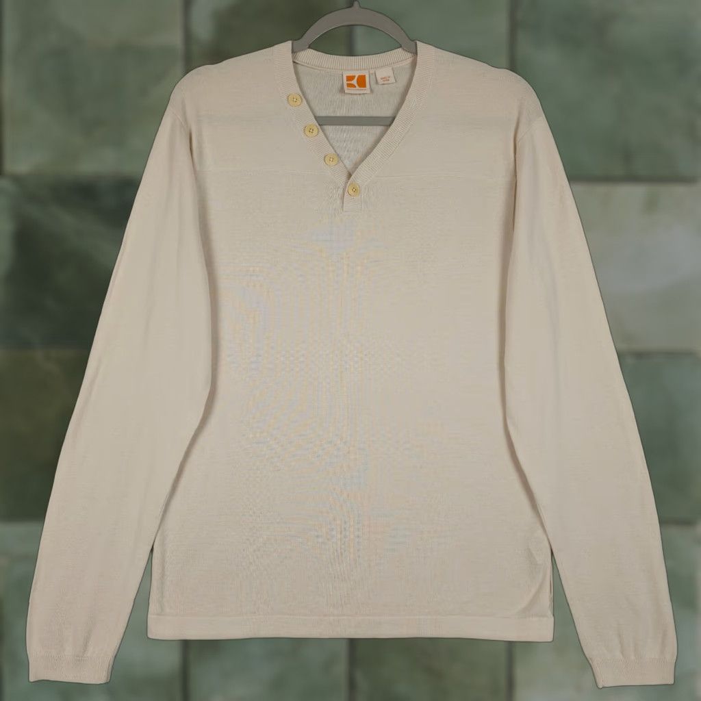 Hugo Boss Boss Orange Sweater Mens L Cream Button V Neck Long Sleeve Cotton Pullover Slim Size US L / EU 52-54 / 3 - 1 Thumbnail