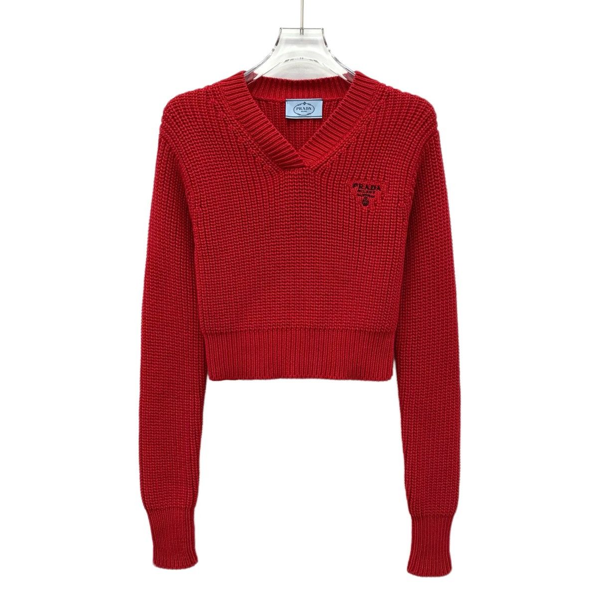 Prada Prada 22 Red Logo Monogram Embroidered Cotton V-Neck Sweater Size XS / US 0-2 / IT 36-38 - 1 Thumbnail