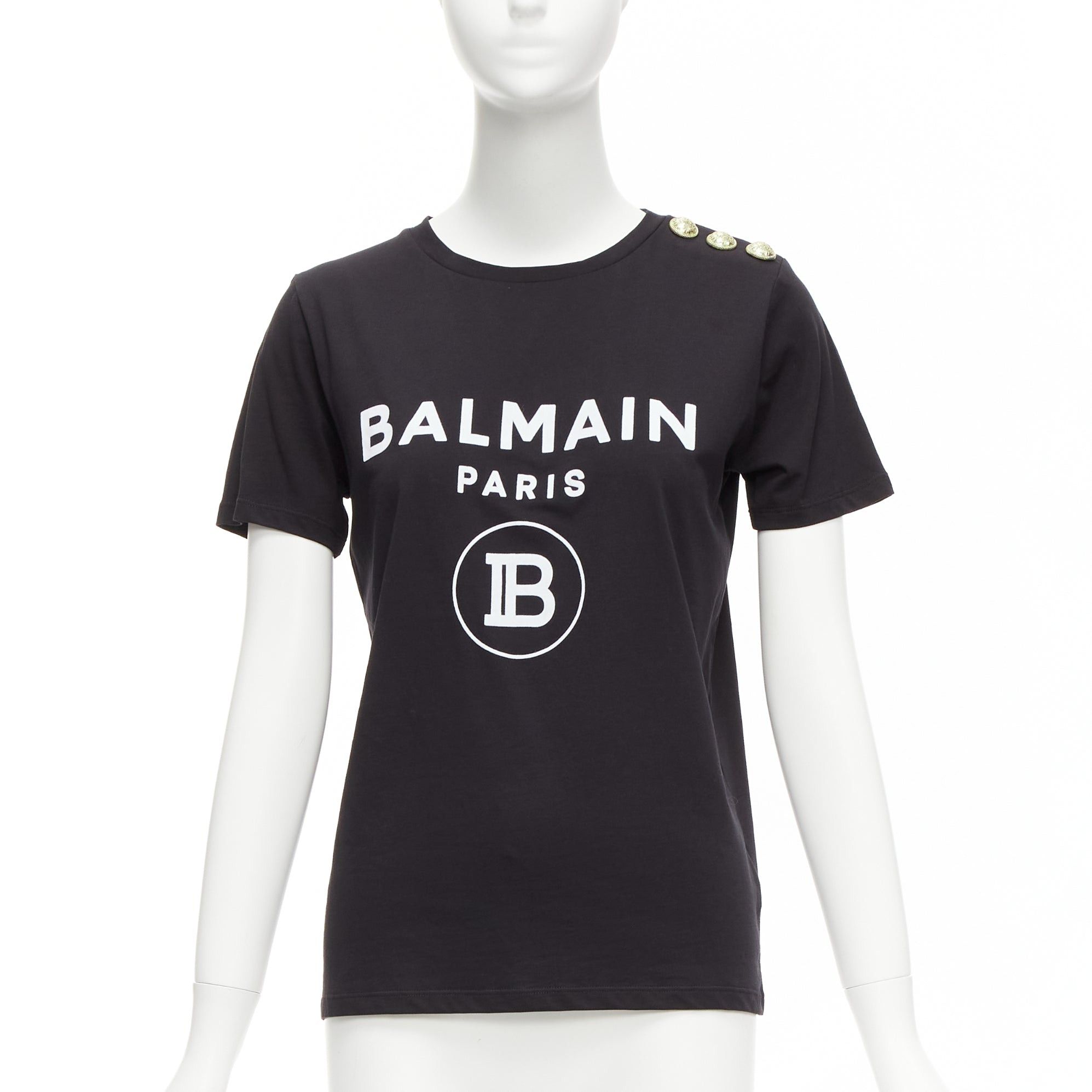 Image of Balmain Black White B Logo Gold Military Buttons Tshirt Fr34 Xxs, Women's