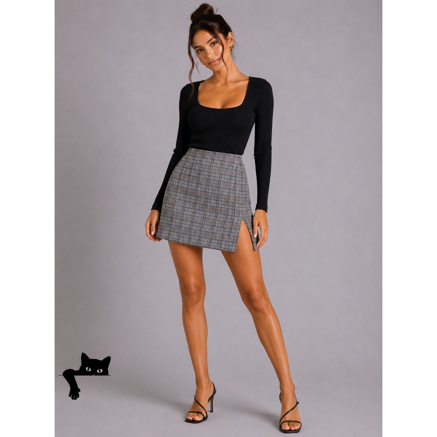 Other NWT Windsor Gray Plaid High Waist Side Slit Mini Skirt S Size 27" / US 4 / IT 40 - 7 Thumbnail