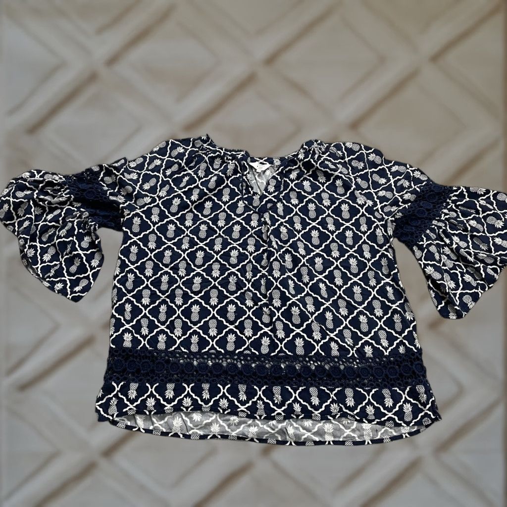 Vintage Crown & Ivy Blouse Womens XL Blue Pineapple Bell Sleeve Lace Casual Size XL / US 12-14 / IT 48-50 - 1 Thumbnail