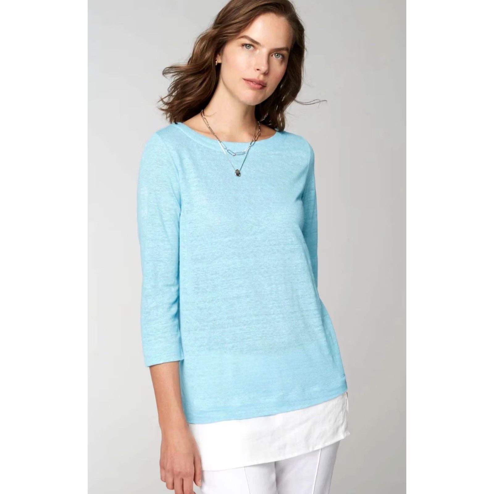 J. Jill J. Jill Blouse Tunic 3/4 Sleeve Linen Blue Layered Look Petite Women Size L / US 10 / IT 46 - 2 Thumbnail