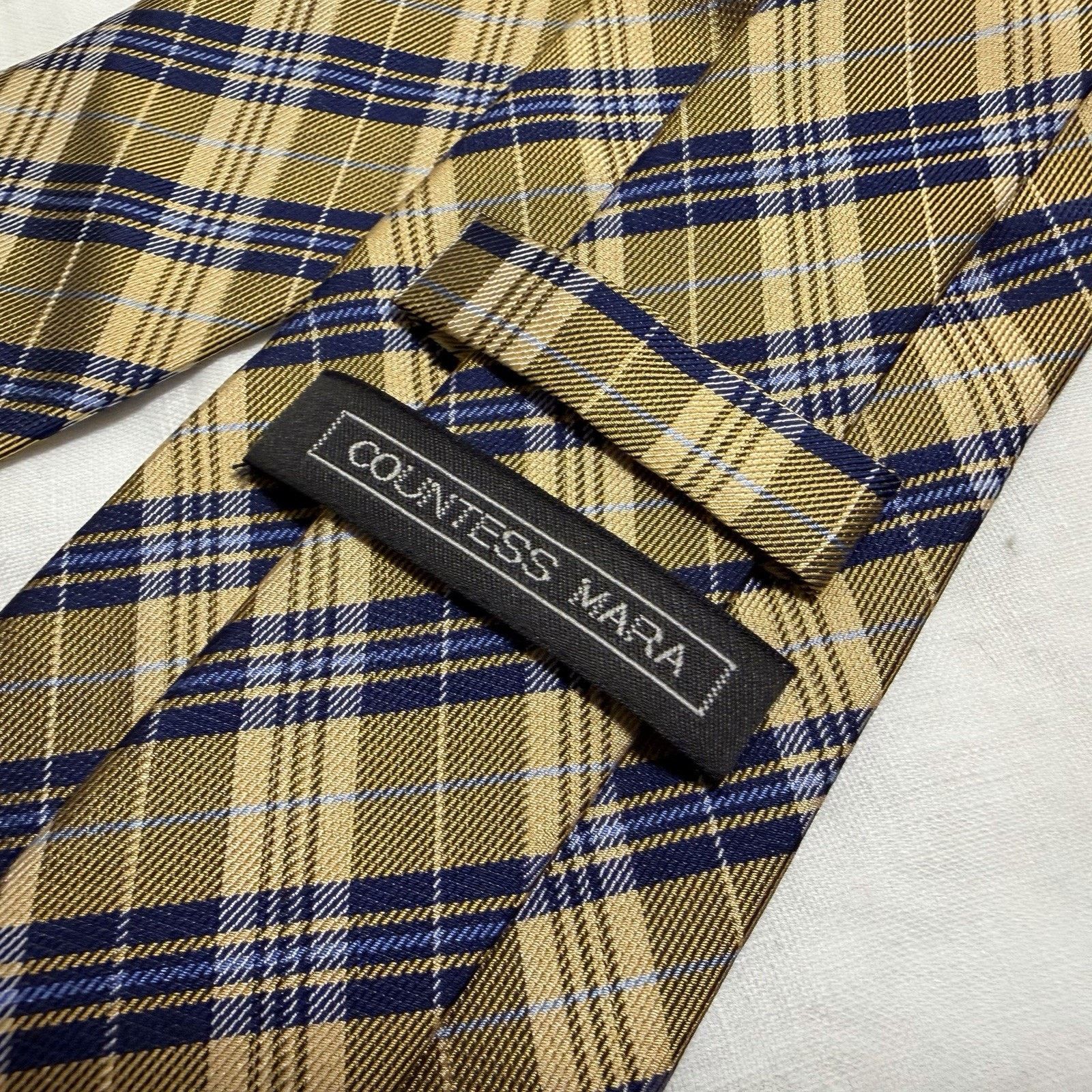 Countess Mara Countess Mara Gold/Navy Plaid Silk Tie – Crown Logo Classic Size ONE SIZE - 8 Thumbnail