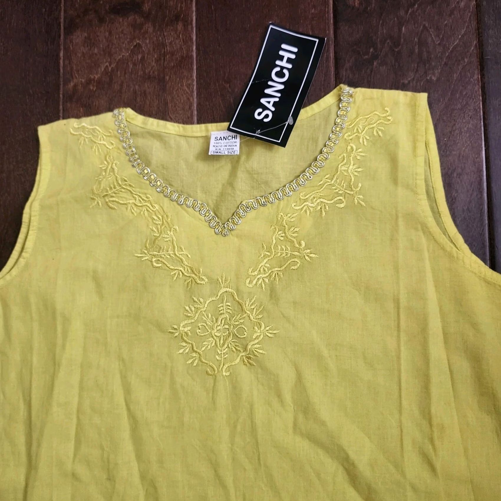 Vintage Sanchi Blouse Womens Size S Yellow Sleeveless Embroidered Cotton Pullover Basic Shirt/Top - Regular Fit, Solid, Summer Spring Fall - India Size S / US 4 / IT 40 - 3 Thumbnail