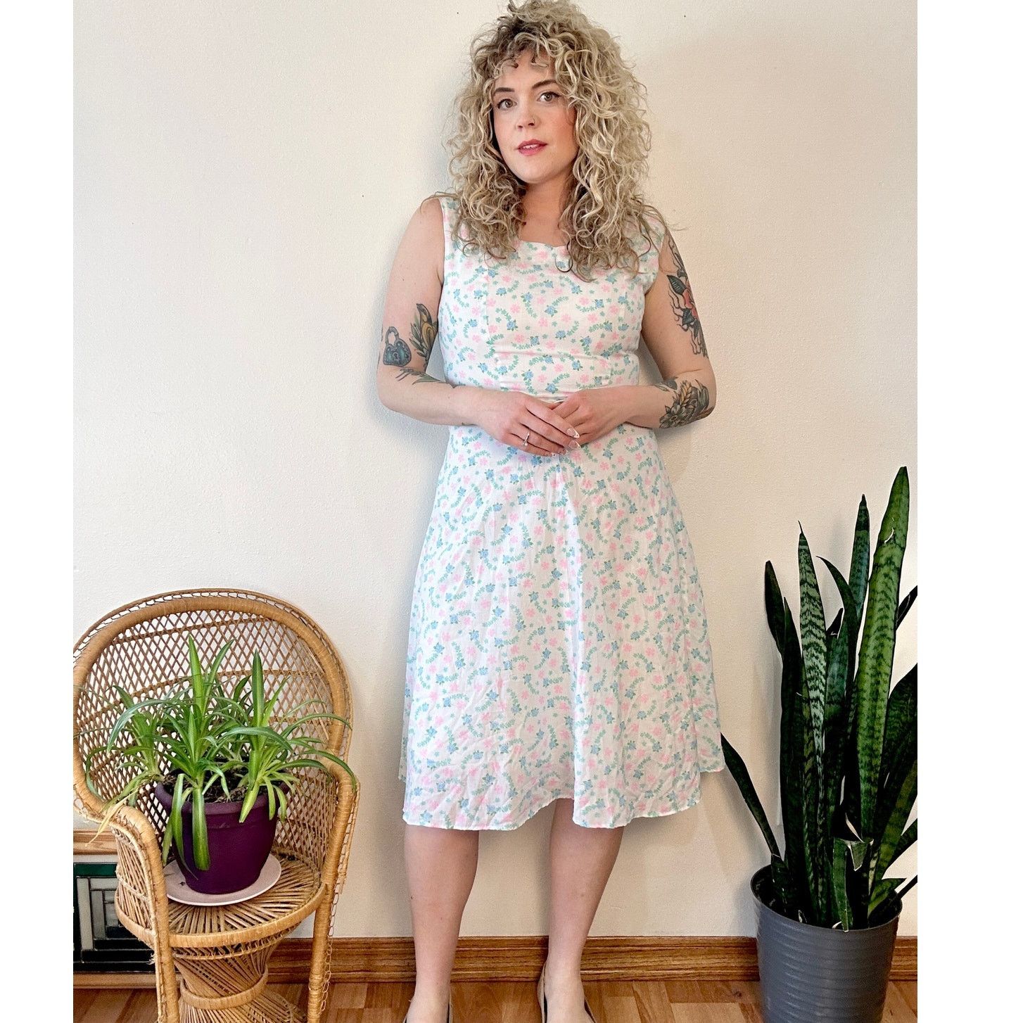 Handmade 50s/60s Handmade Floral Day Dress Size L / US 10 / IT 46 - 1 Thumbnail