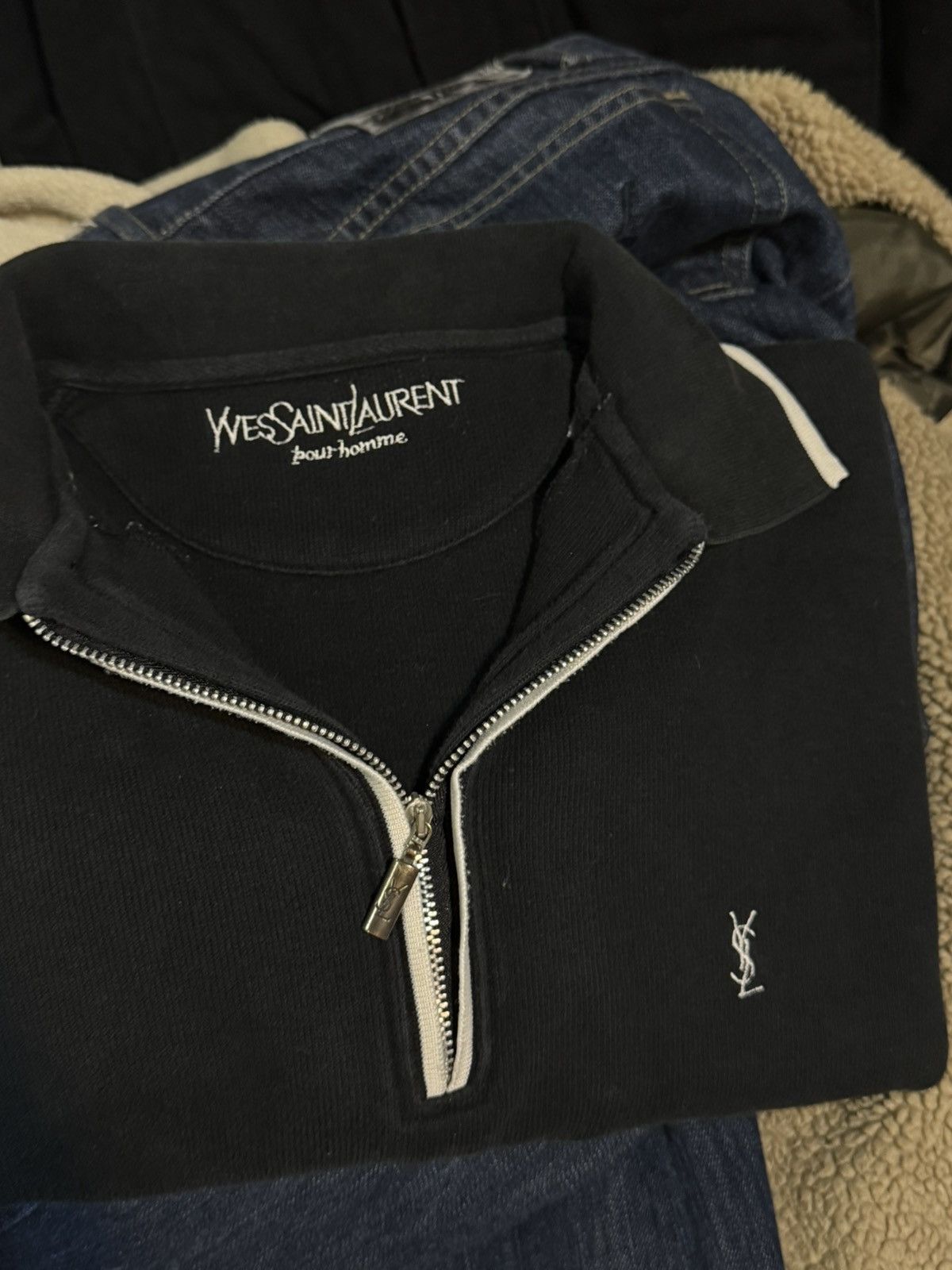 Yves Saint Laurent 90s YSL Sweatshirt 1/4 Quarter Zip Black Vintage Sweater Size US XXL / EU 58 / 5 - 7 Thumbnail
