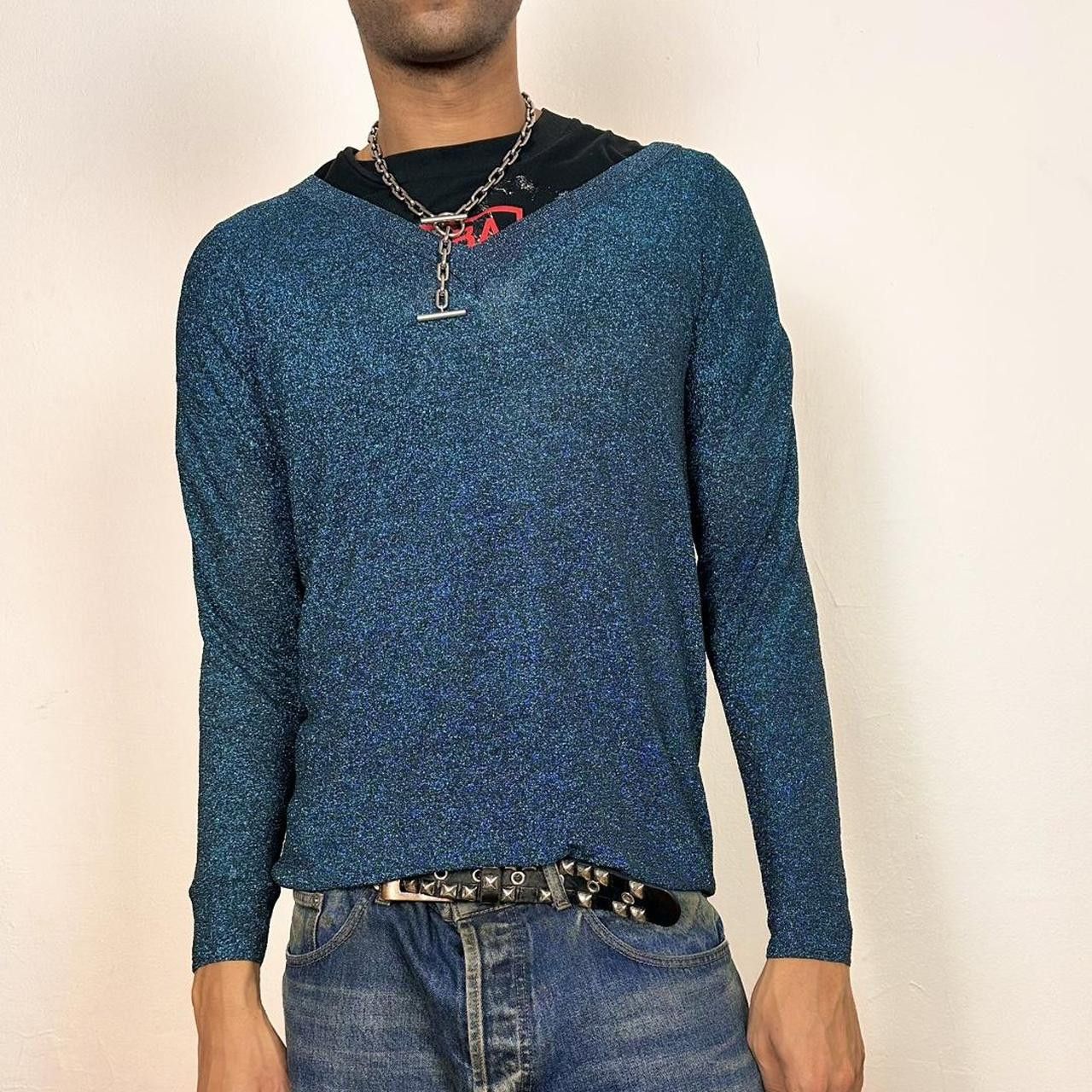 Cos COS Blue Lurex V-Neck Metallic Sweater - Large Size US L / EU 52-54 / 3 - 1 Thumbnail