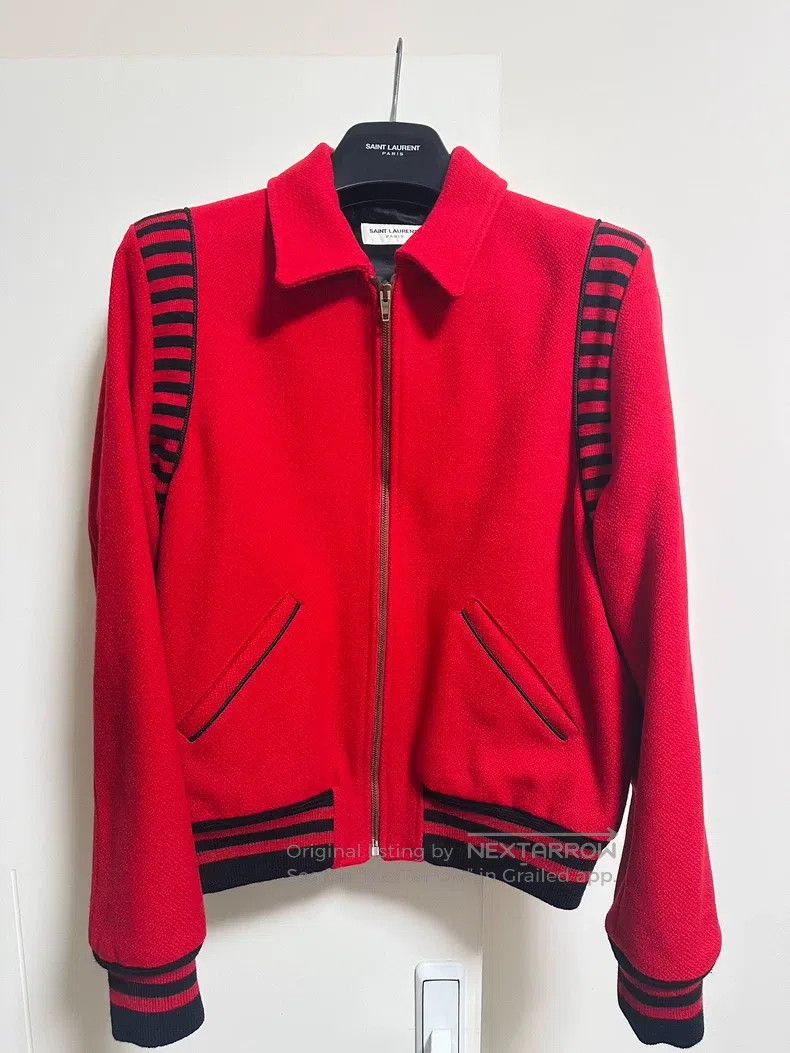 Saint Laurent Paris Red Knit Striped Baseball Jacket