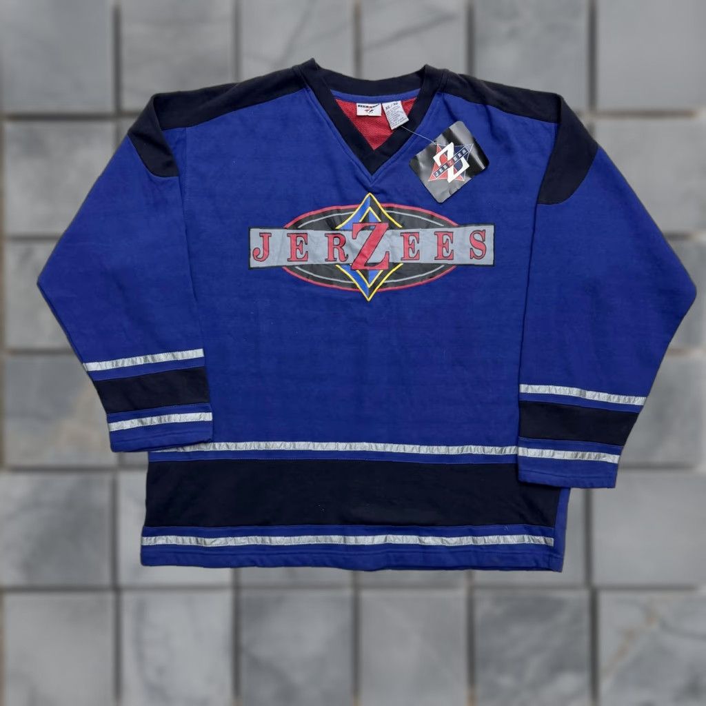 Jerzees VINTAGE Jerzees Shirt Mens XL Blue Long Sleeve V-Neck Hockey Jersey Graphic Logo Size US XL / EU 56 / 4 - 1 Thumbnail