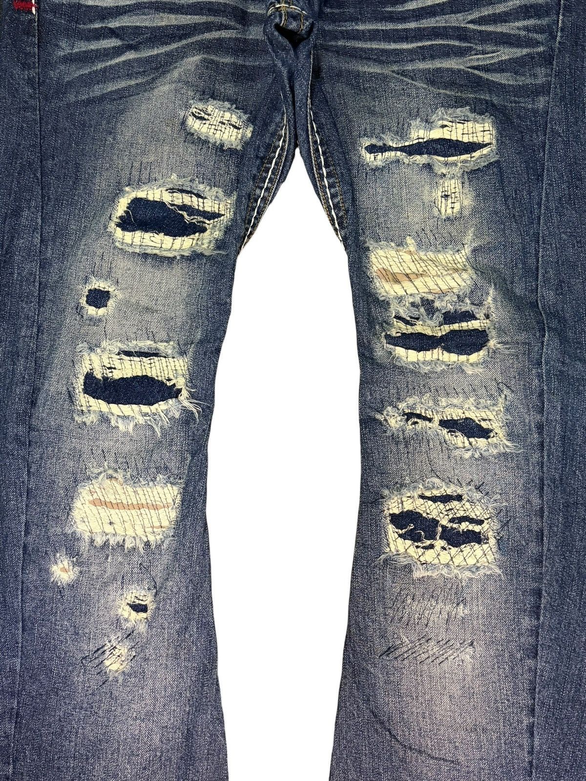 Tornado Mart Vintage Rattle Trap Sashiko Distress Curved Flare Jeans Size 32" / US 10 / IT 46 - 3 Thumbnail