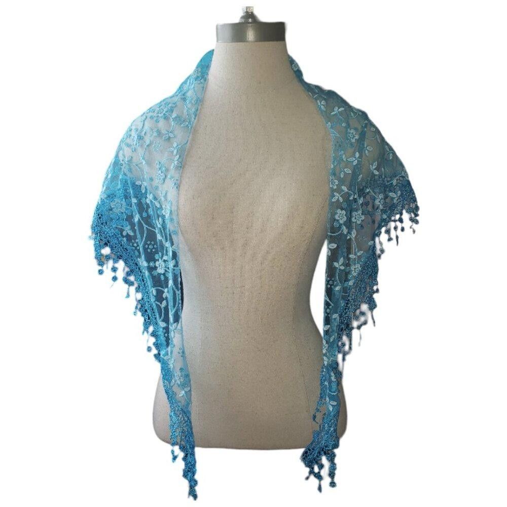Designer CT1586 Blue & White Sheer Embroidered Handmade Shawl Size ONE SIZE - 1 Thumbnail