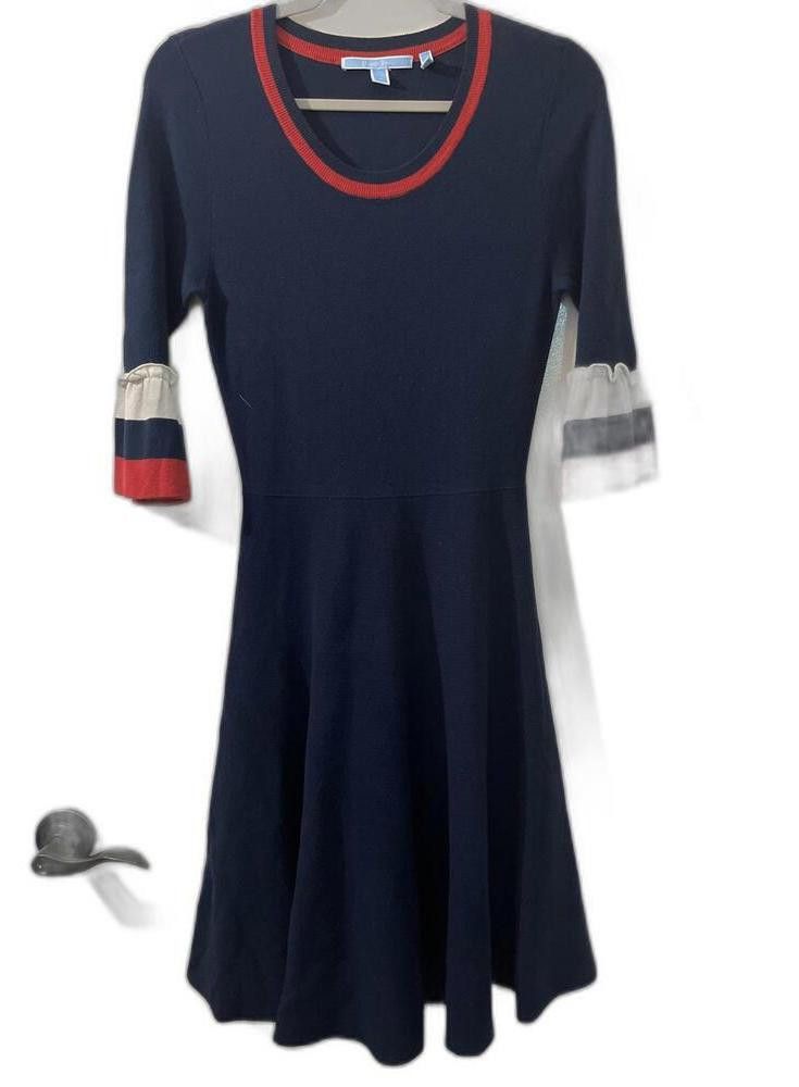 Designer Draper James Navy Knit Dress with Bell Sleeves - Size Med Size M / US 6-8 / IT 42-44 - 1 Thumbnail