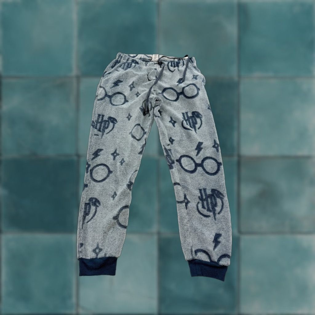 Vintage Harry Potter Pajama Pants Mens Medium Blue Fleece Lounge Wizarding World Logo Cozy fits Adjustable Drawstring Ribbed Cuffs Size US 31 - 1 Thumbnail