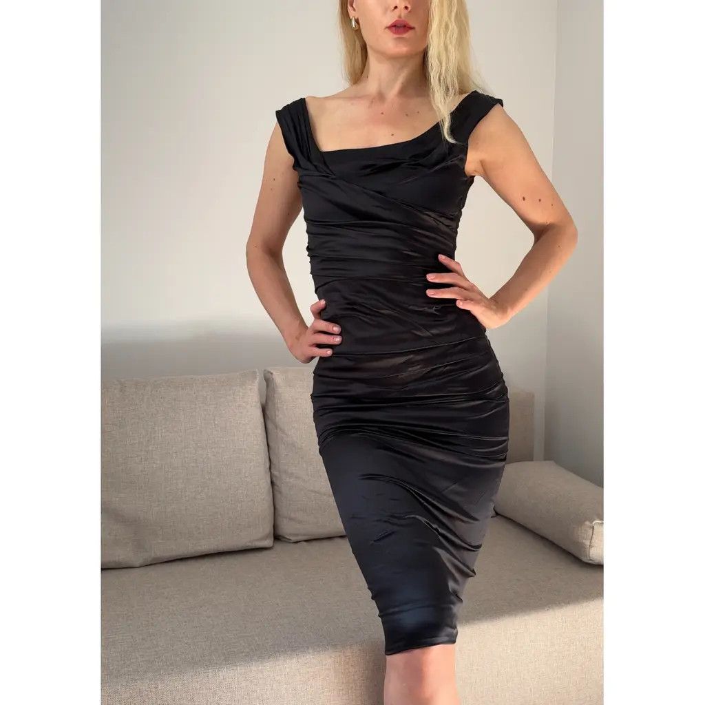 black satin cowl ruched mini dress Black Satin Cowl Ruched Slip Mini Dress