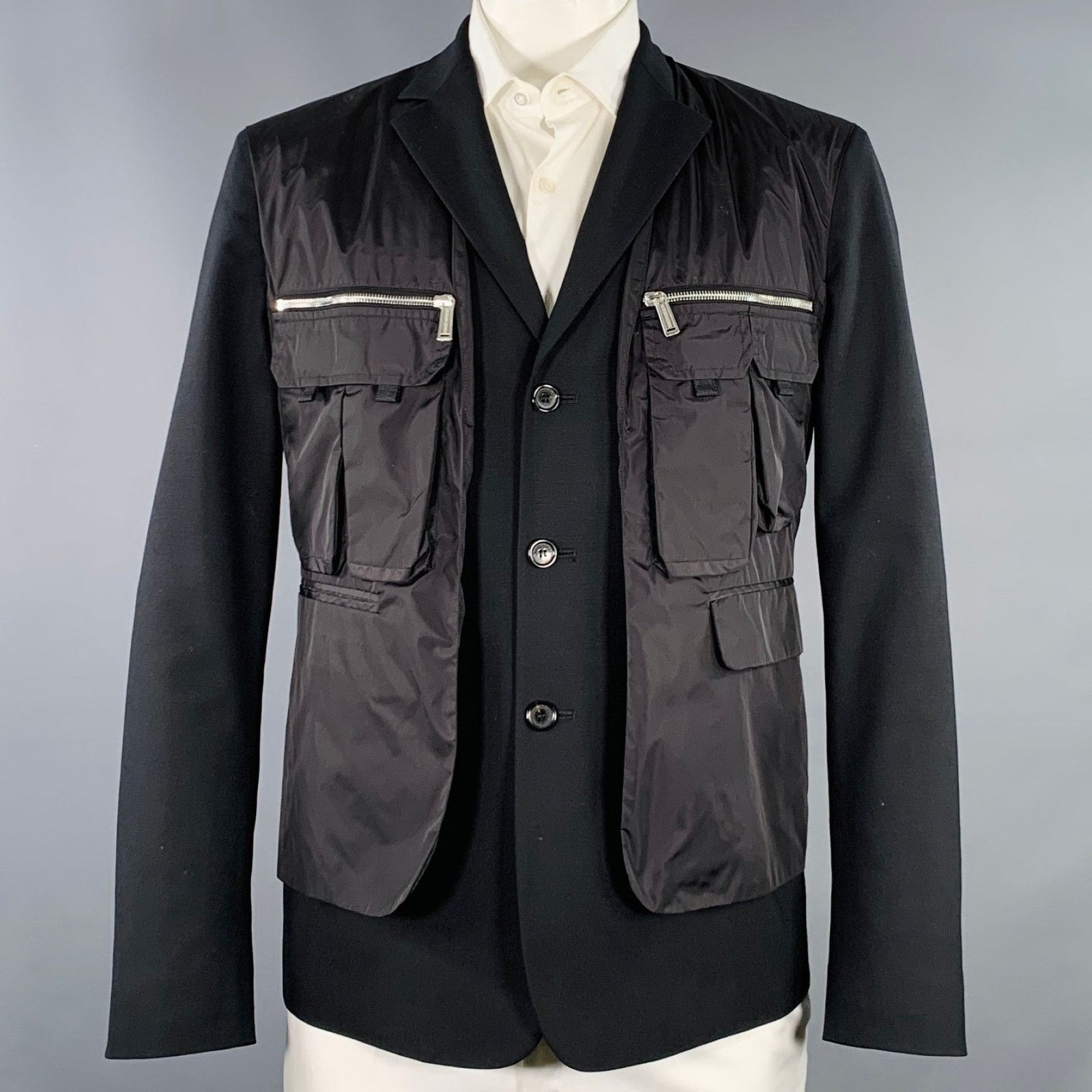 Dsquared2 Size 44 Black Silver Virgin Wool Blend Utility Sport Coat Size 44R - 1 Thumbnail