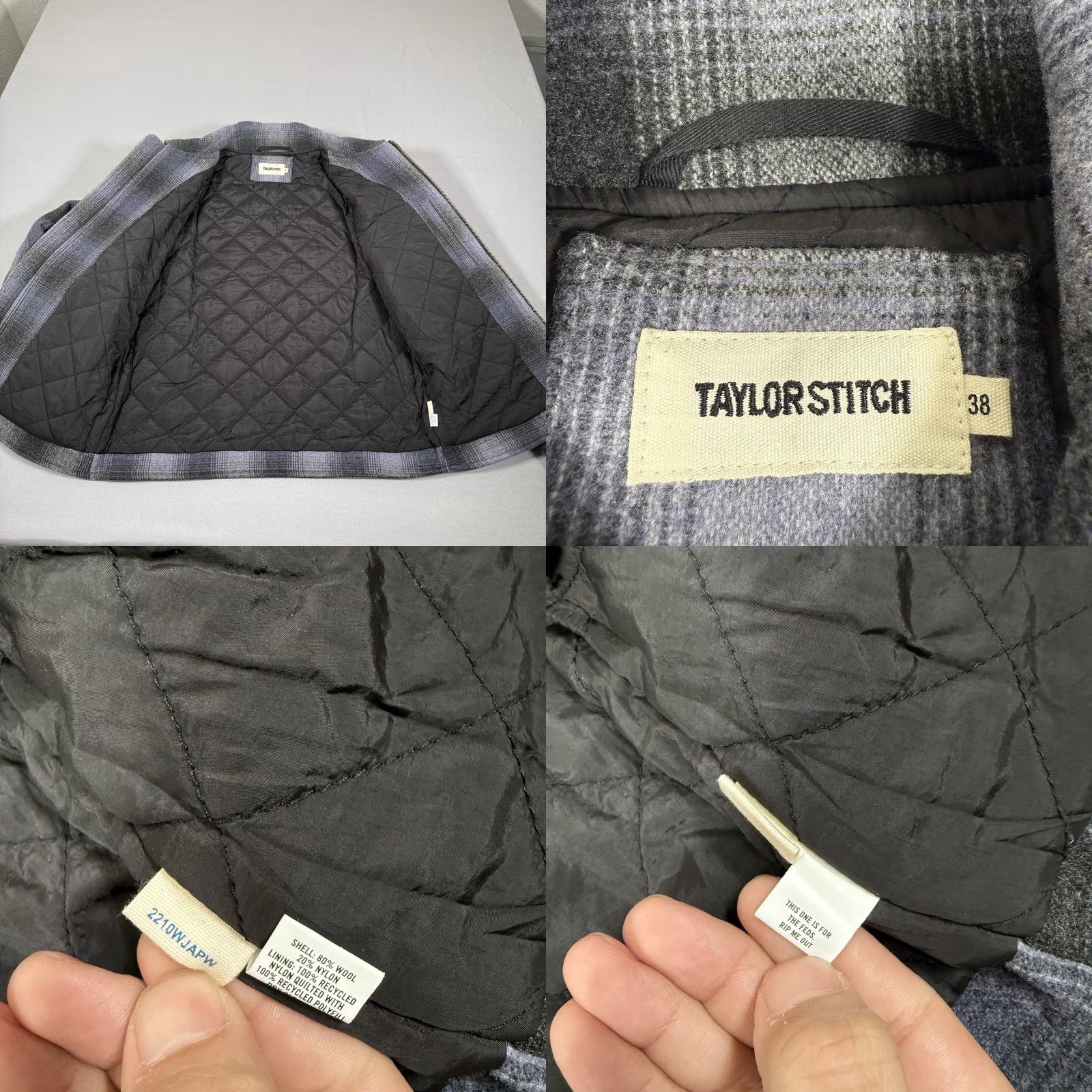 Taylor Stitch Taylor Stitch Jacket Mens 38 Gray Wyatt Plaid Wool Quilted Zip Up Lined Detroit Size US XXS / EU 40 - 8 Thumbnail