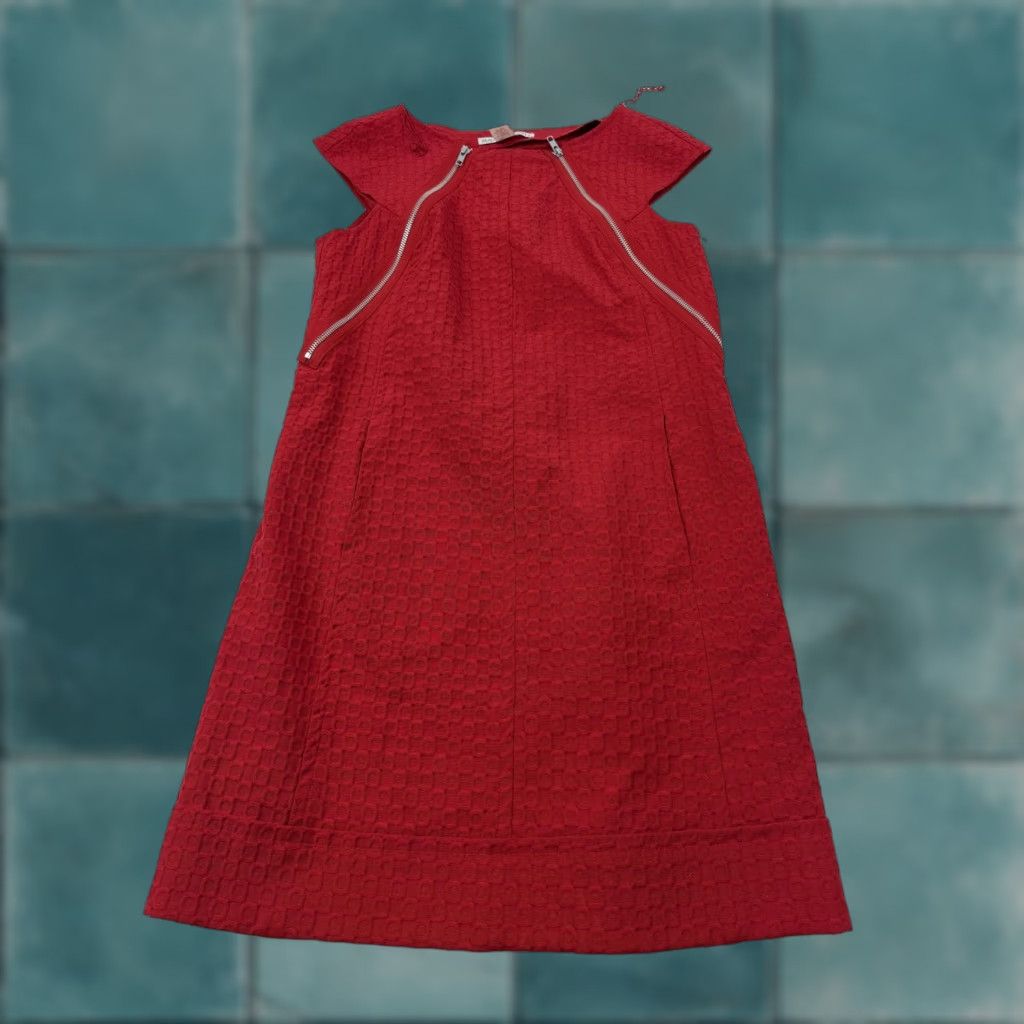 MAGGY LONDON Maggy London Dress Womens 10 Red Textured Jacquard Cap Sleeve Sheath Work Office Size L / US 10 / IT 46 - 1 Thumbnail
