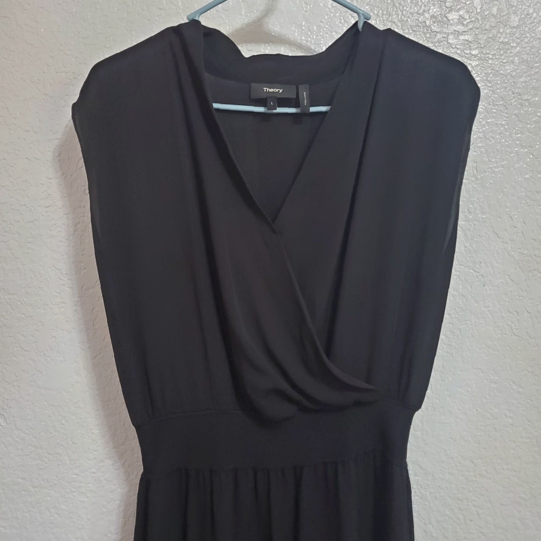 Theory THEORY Midi Dress Women L Black Draped Surplice Short Sleeve 100% Silk Side Slit Pullover Cap Sleeve Blouson A-Line Minimalist Sophisticated Size 36" / US 14 / IT 50 - 4 Thumbnail