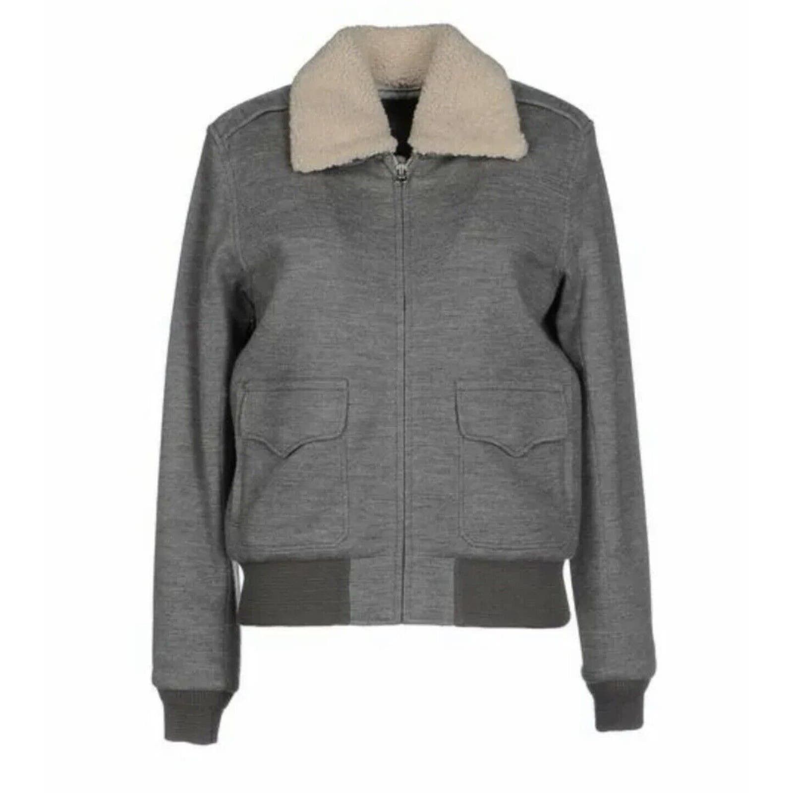 image of Ralph Laurent Grey Wool Sherpa Bomber Jacket Removable Collar, Women's (Size Large)