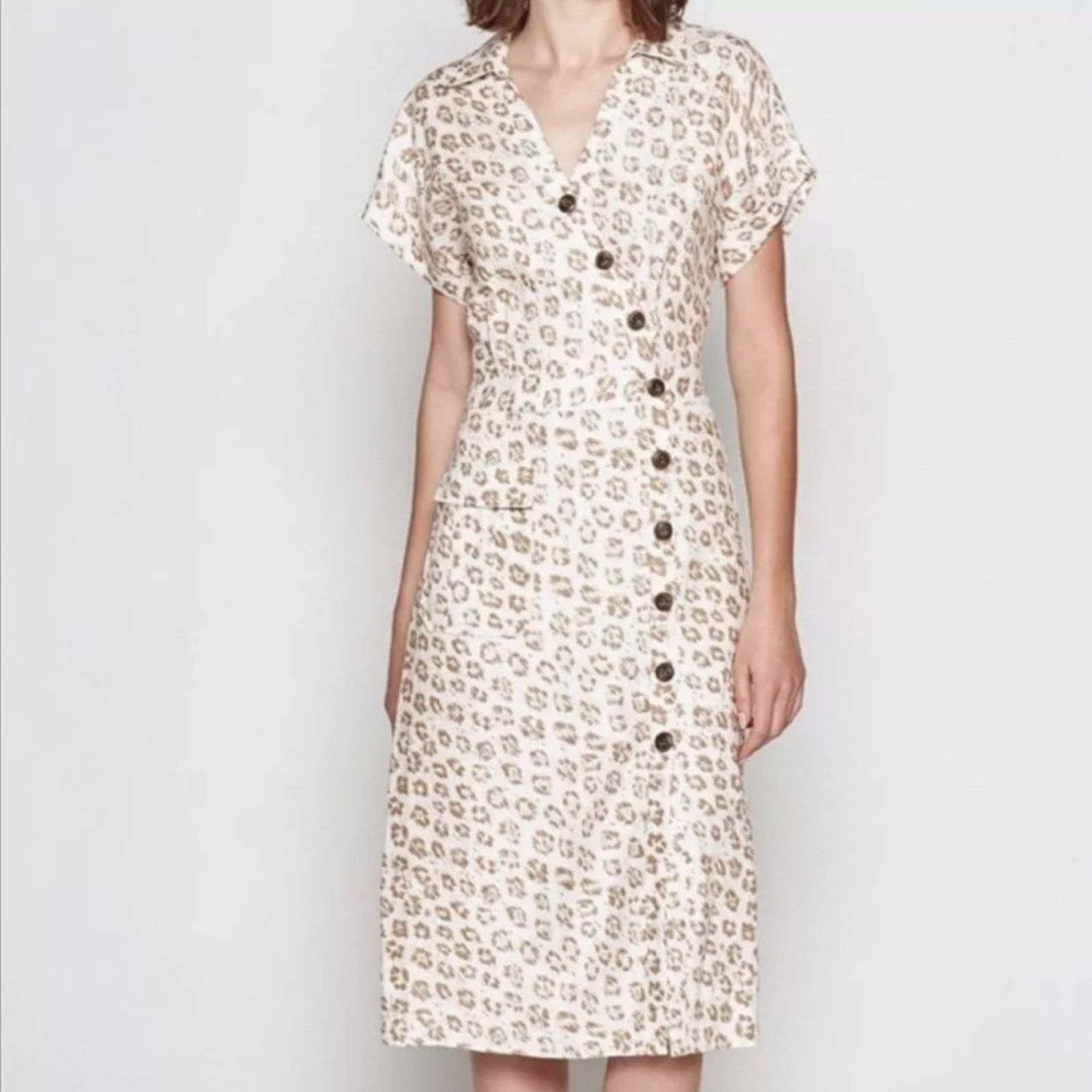 Joie Joie Coady 100% Linen Leopard Animal Print Midi Dress Sz L Size L / US 10 / IT 46 - 1 Thumbnail