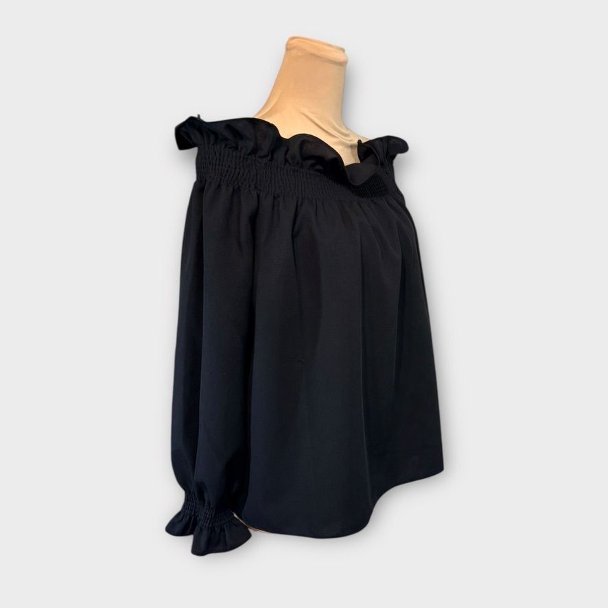 Tuckernuck Marguerite Off-the-Shoulder Black Blouse S Ruffle