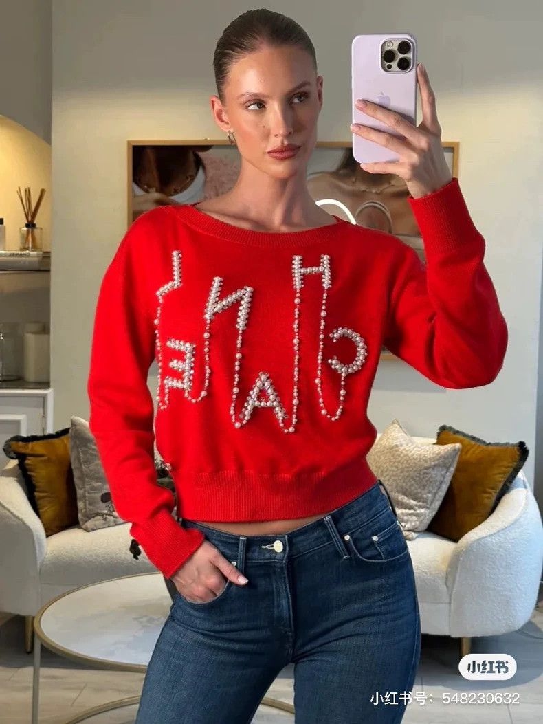 Chanel Chanel Red Heavy Industry Pearl Chain Cashmere Sweater Size XS / US 0-2 / IT 36-38 - 9 Thumbnail