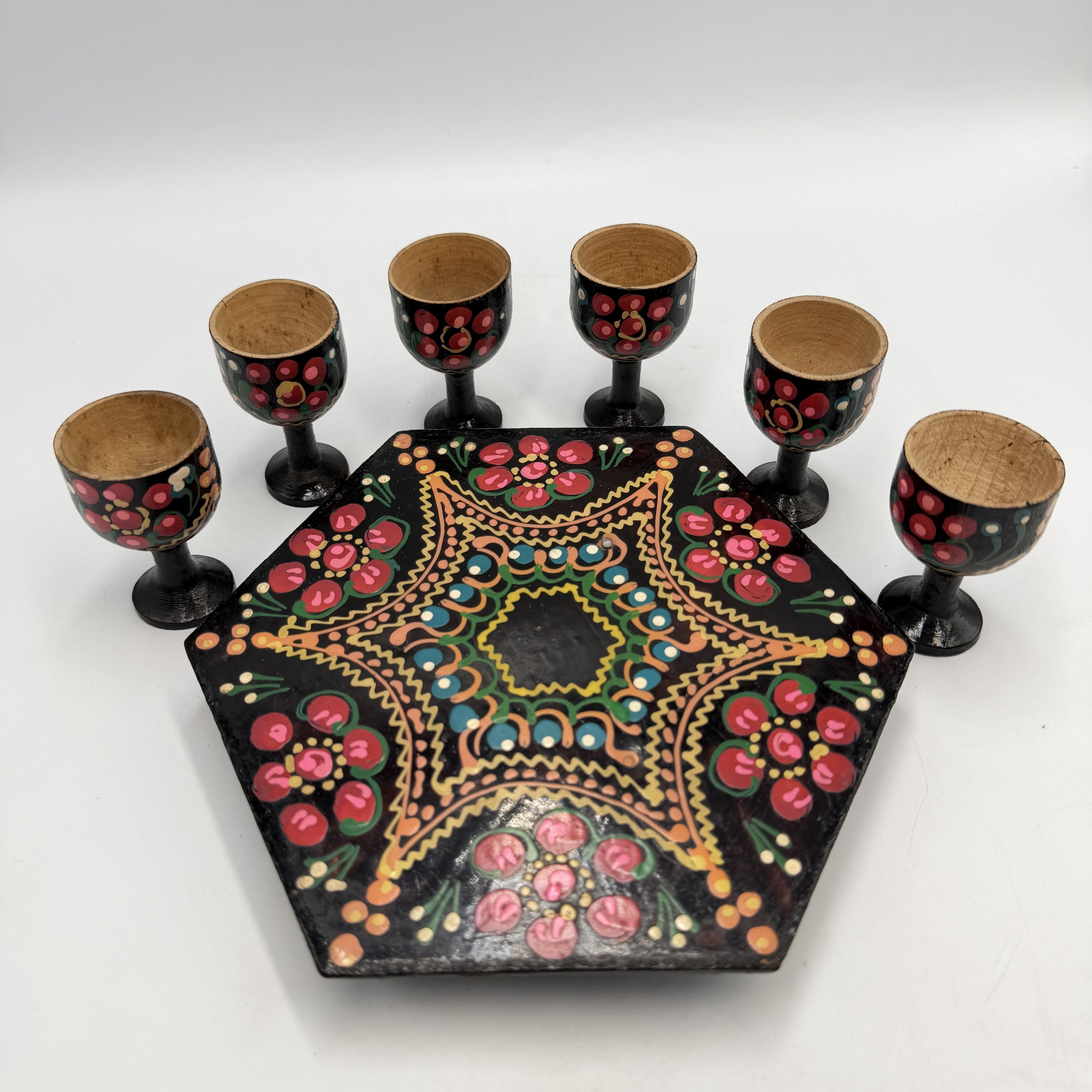 Vintage Vintage Hand Painted Wooden Decanter Set & 6 Goblets Tray Size ONE SIZE - 3 Thumbnail