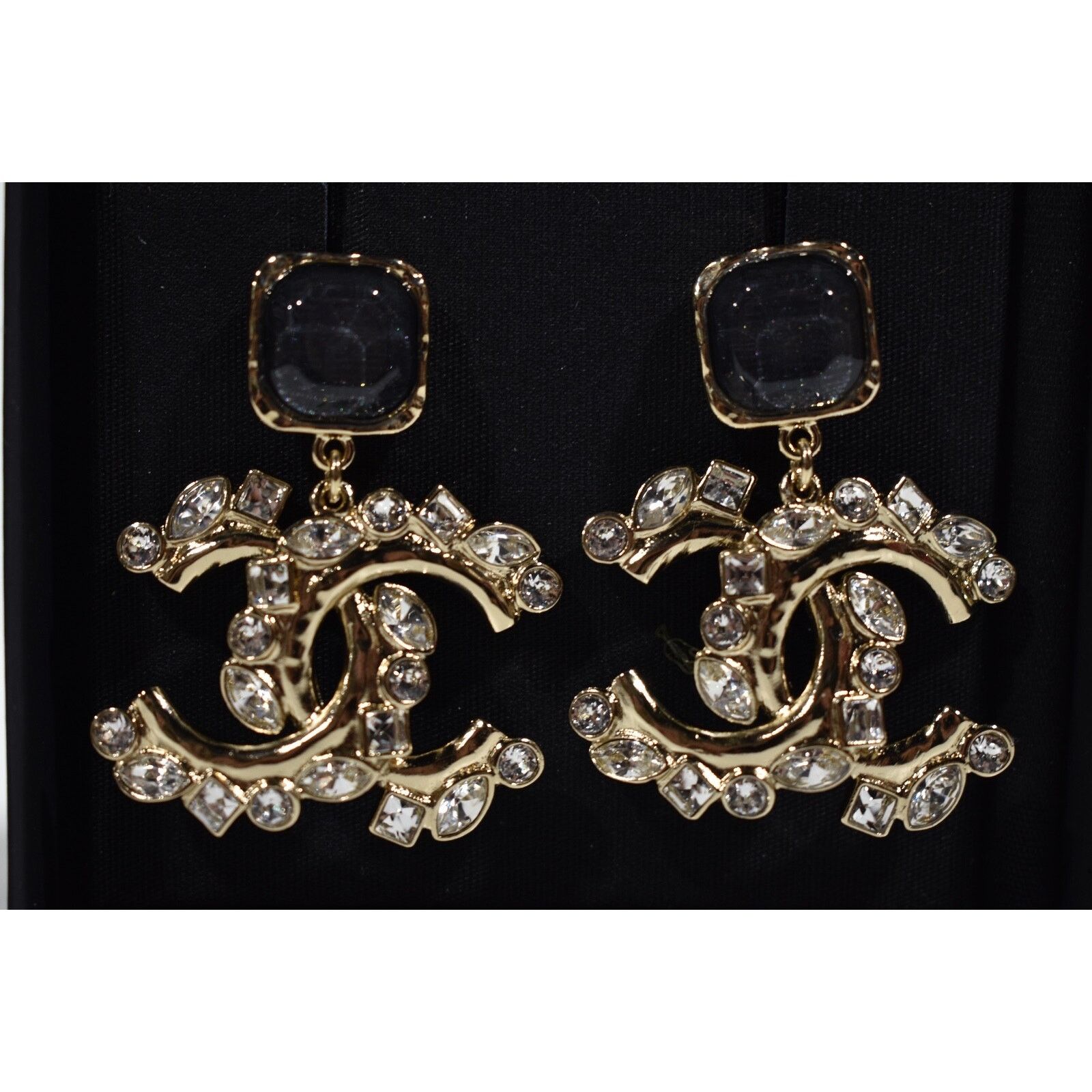 Chanel Chanel Gold Crystal Black XL Statement Stud Drop Earrings Size ONE SIZE - 1 Thumbnail
