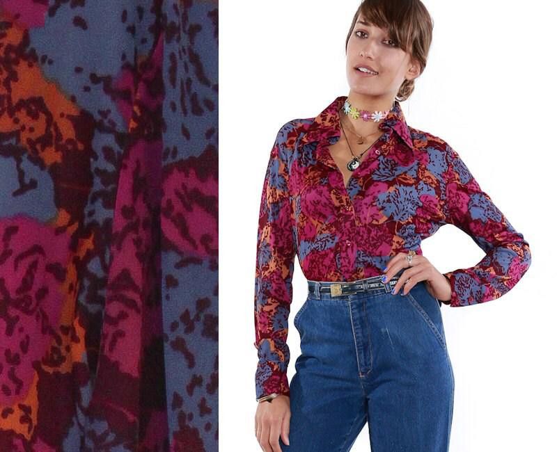 Designer Vintage 70's Floral Mr. Dino Button Down Blouse 60s Size XL / US 12-14 / IT 48-50 - 1 Thumbnail