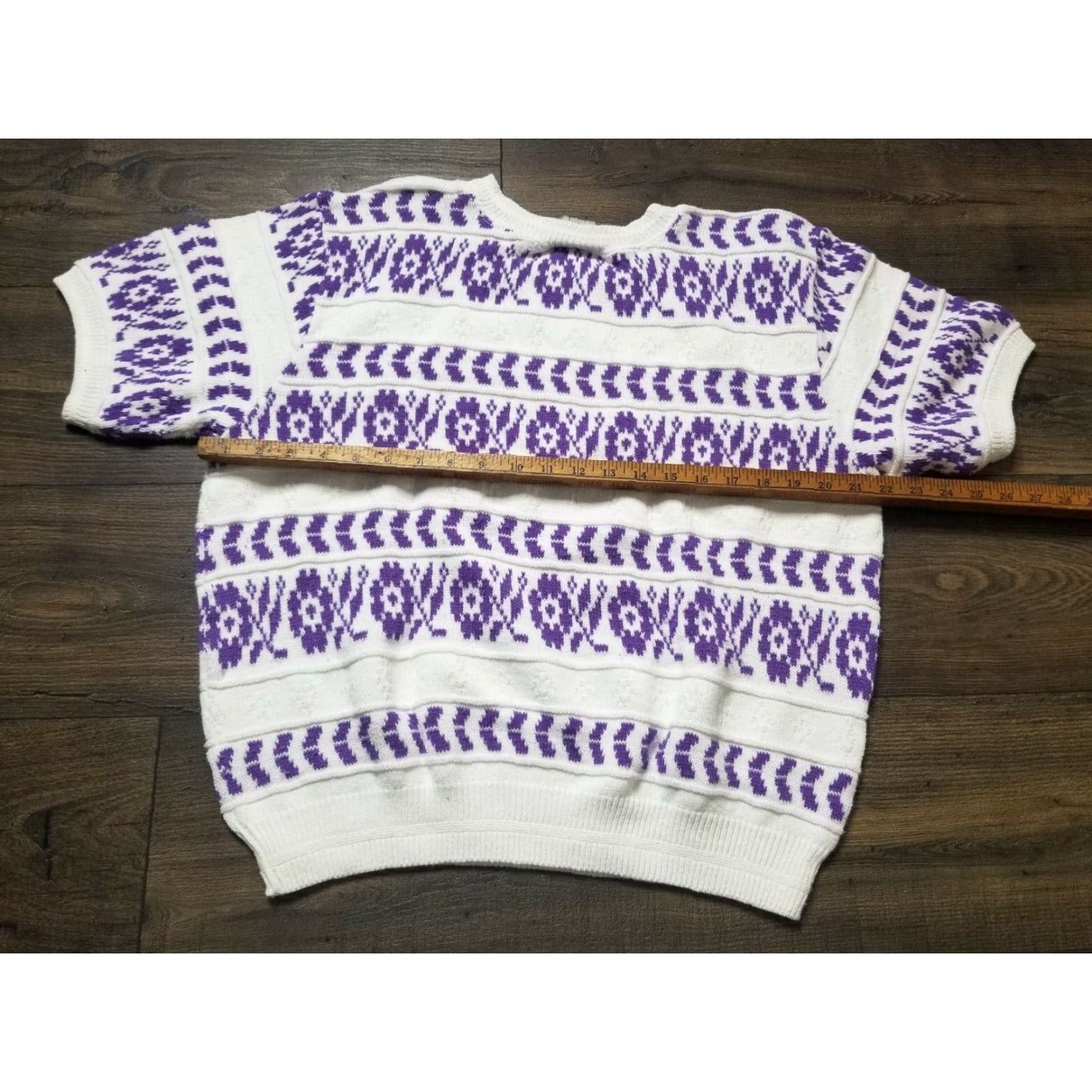 Vintage VINTAGE 80s Nikki Womens XL Short Sleeve Sweater White Purple Floral Acrylic Secretary Geek Style Size XL / US 12-14 / IT 48-50 - 2 Thumbnail