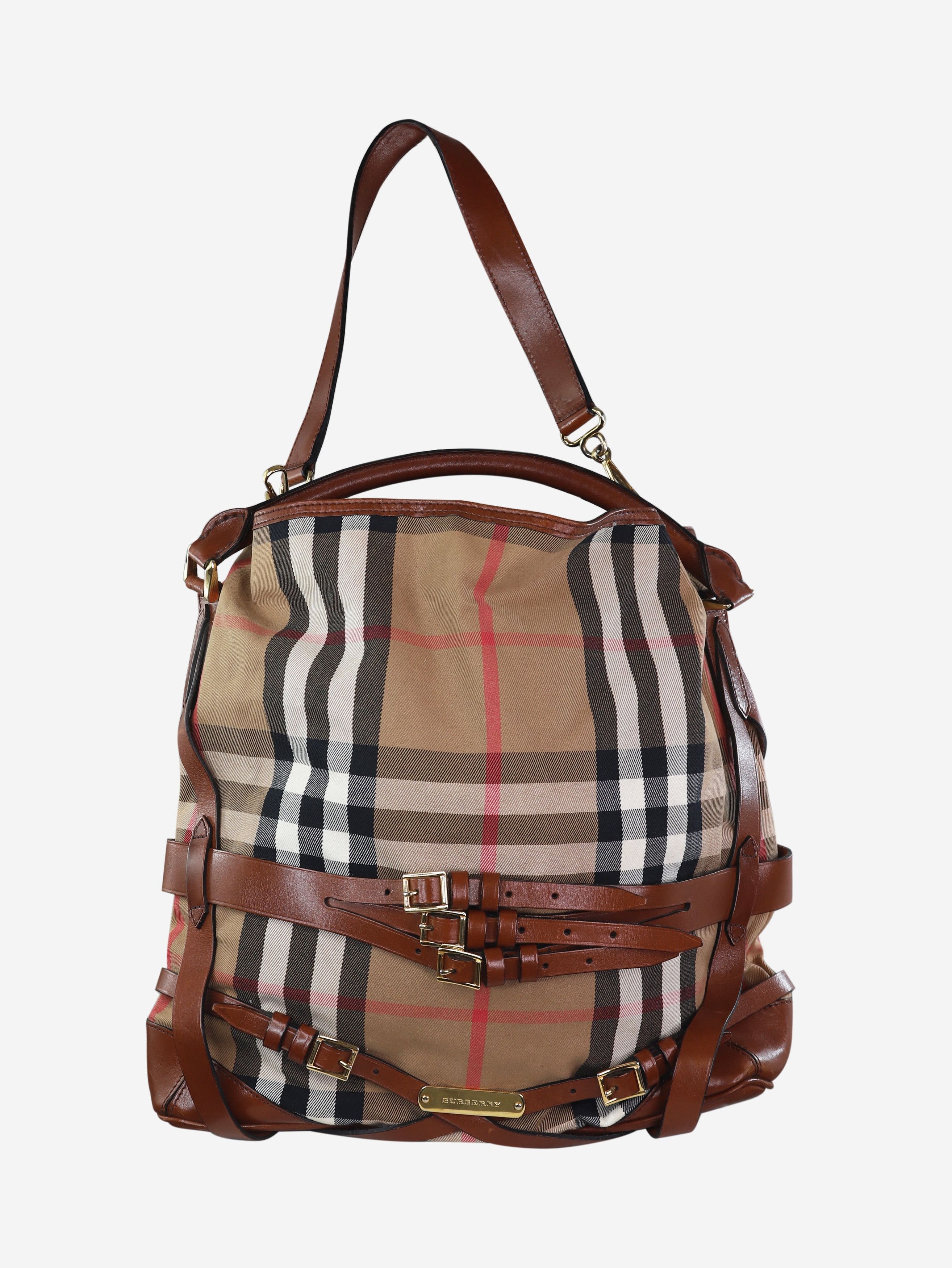 image of Burberry Brown Checkered Tote With Leather Belt Buckle Details, Women's