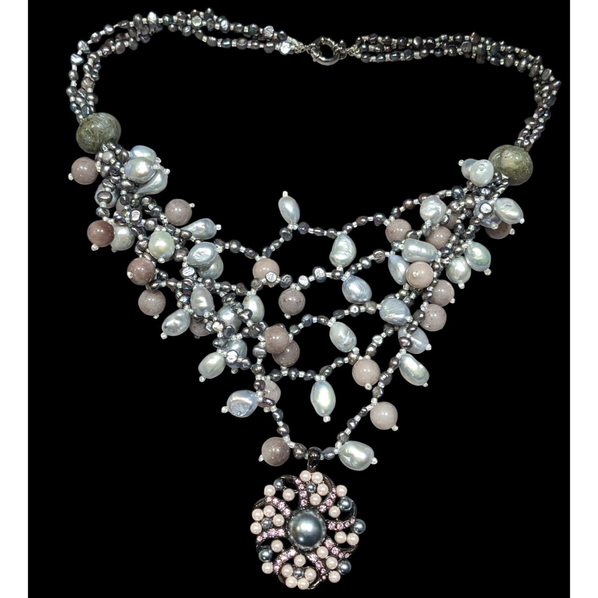 Other Vintage Elegant Pearl And Agate Beaded Floral Pendant Bib Ne Size ONE SIZE - 1 Thumbnail