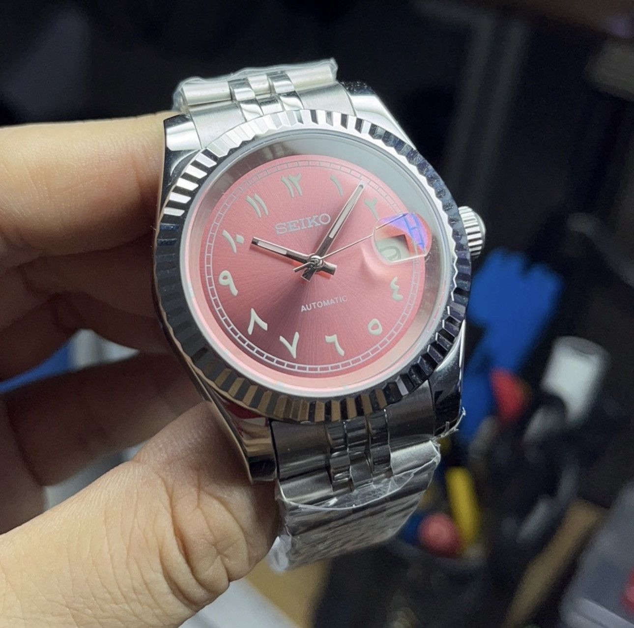 Seiko Mod Datejust Pink Arabic Steel Jubilee Watch 39mm