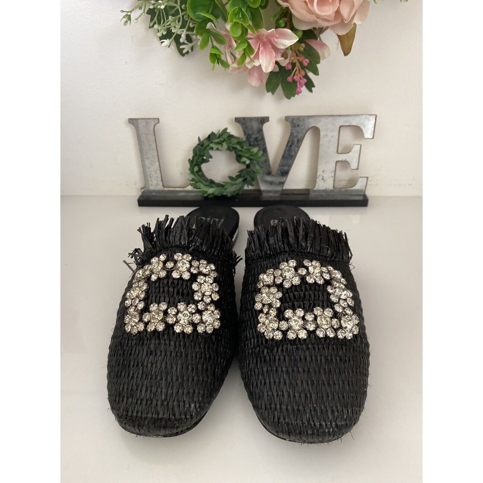Vintage Bibi Lou Raffia Gem Jeweled Mule Slide Slip On Slipper Shoes Size US 6 / IT 36 - 19 Thumbnail