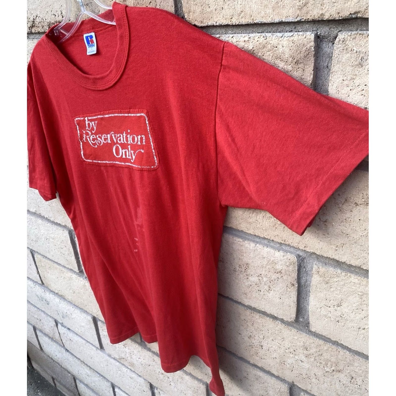 Vintage VINTAGE Russell Athletic By Reservation Only T Shirt Red L Mens 80s 90s Graphic Print Short Sleeve Crew Neck Size US L / EU 52-54 / 3 - 6 Thumbnail