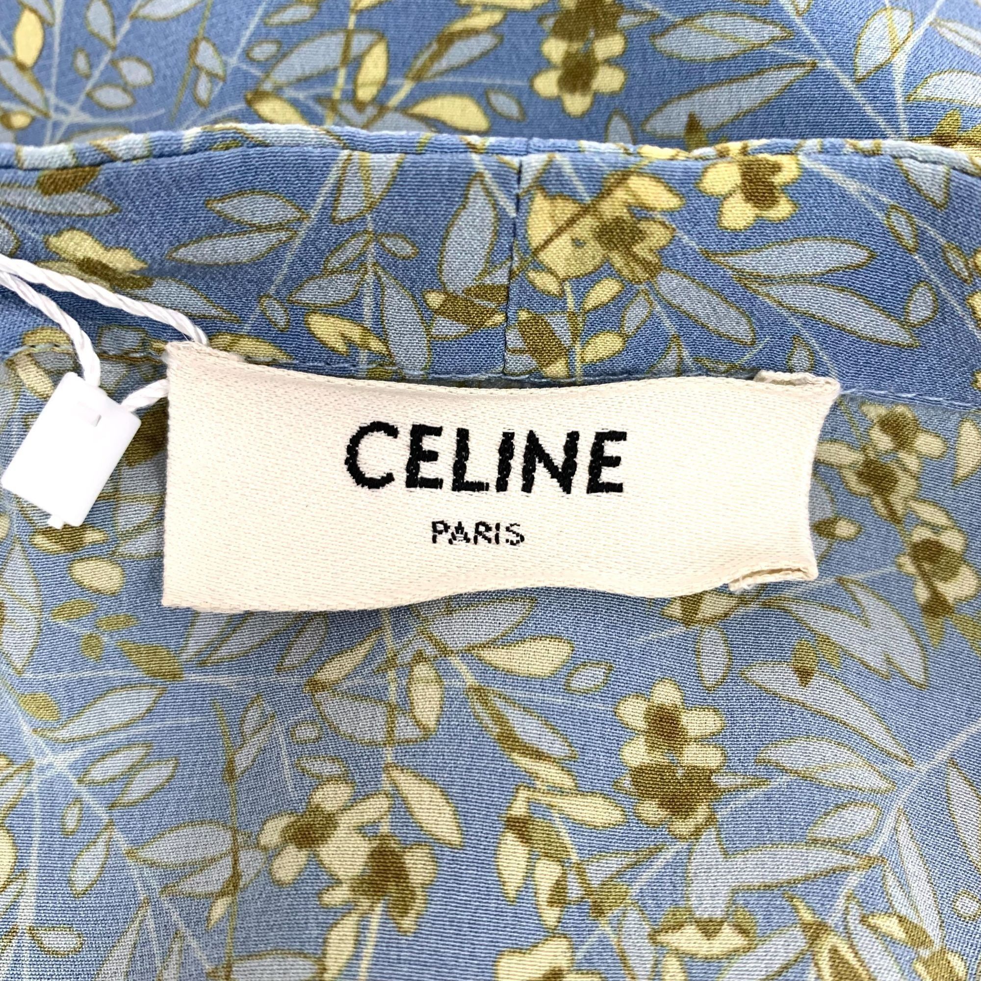 Celine Blue Floral Silk Bow Tie Short-Sleeved Shirt XS